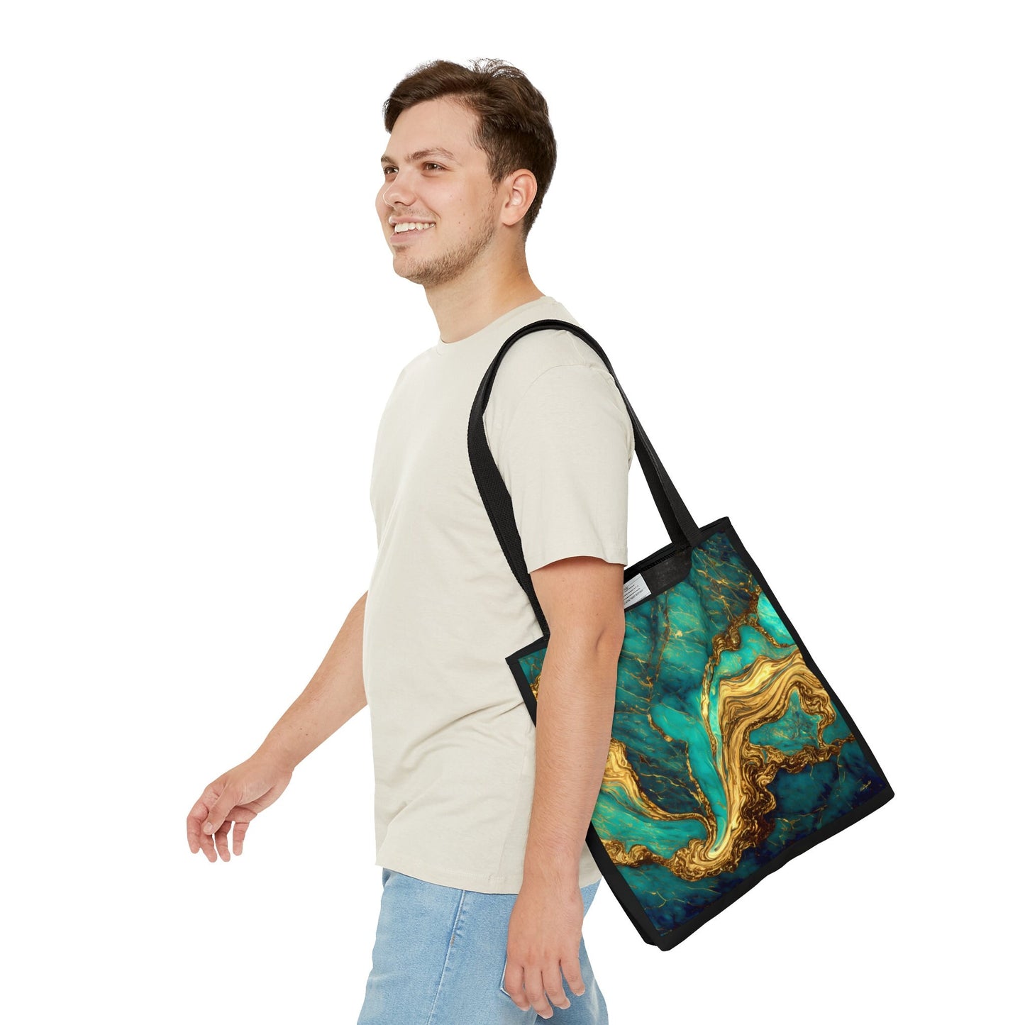 green and gold marble swirl print canvas tote bag,