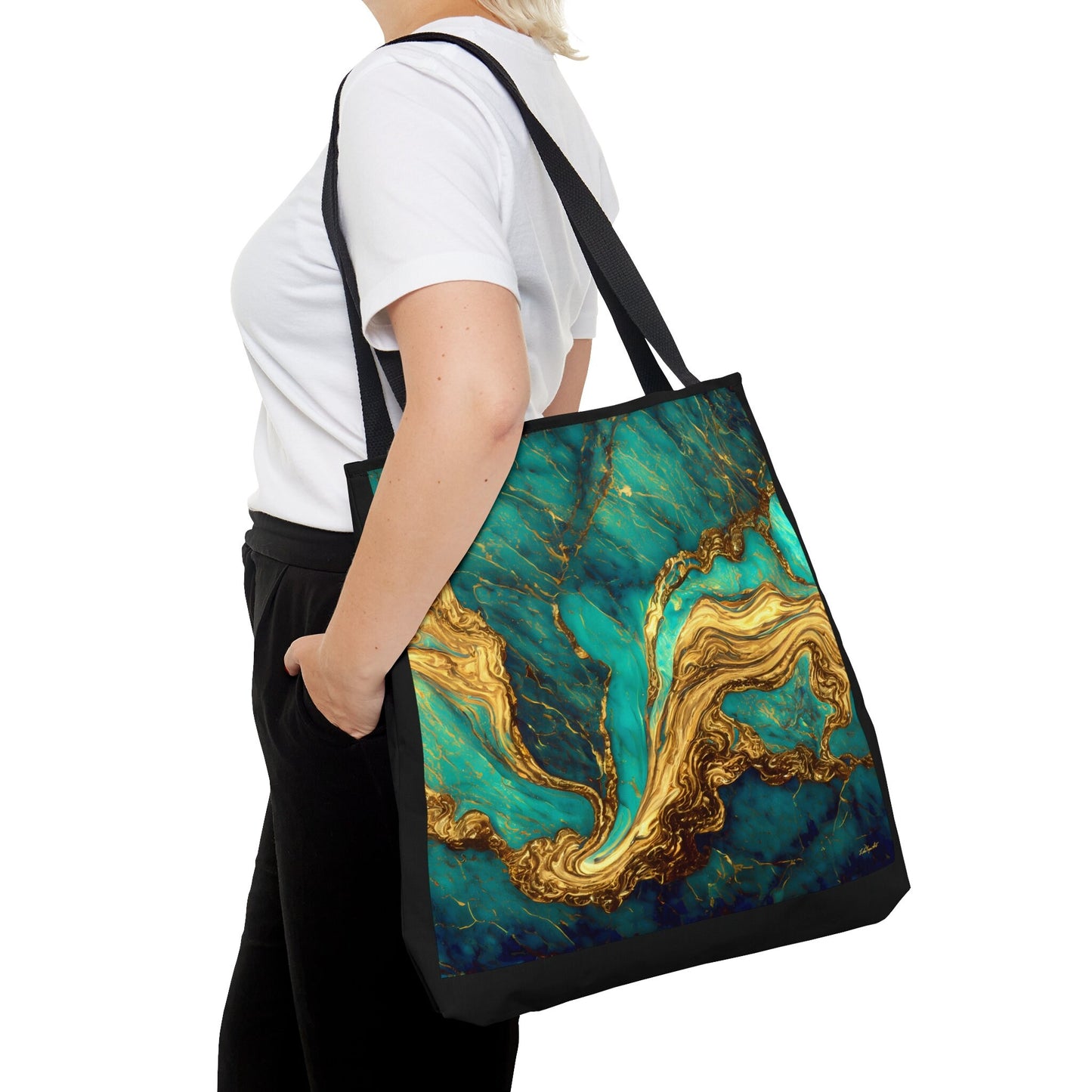 green and gold marble swirl print canvas tote bag,