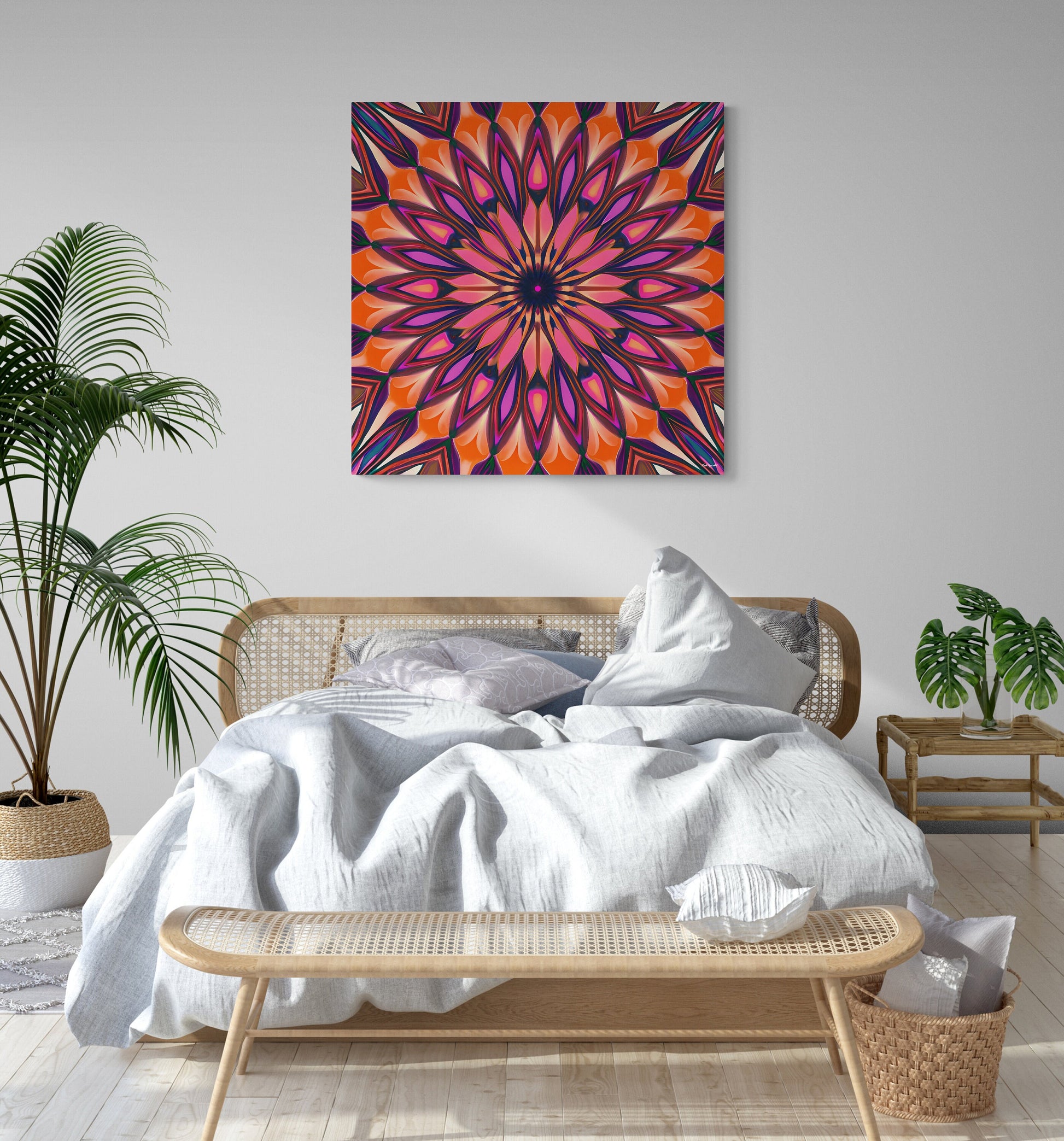 orange and purple abstract sunburst canvas wall art, wall art dcor, room wall dcor, unique art, tribal pattern wall art, boho wall art - LOLA VEGAS ART