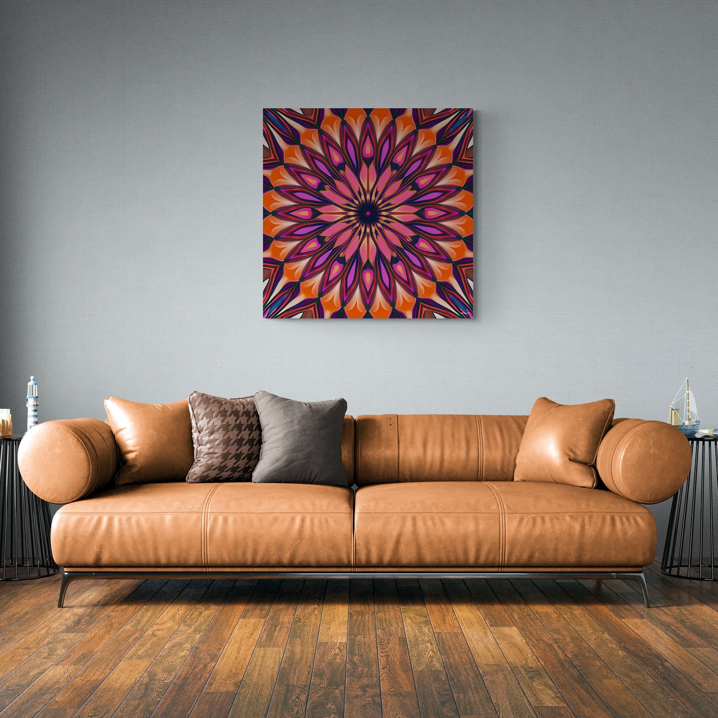 orange and purple abstract sunburst canvas wall art, wall art dcor, room wall dcor, unique art, tribal pattern wall art, boho wall art