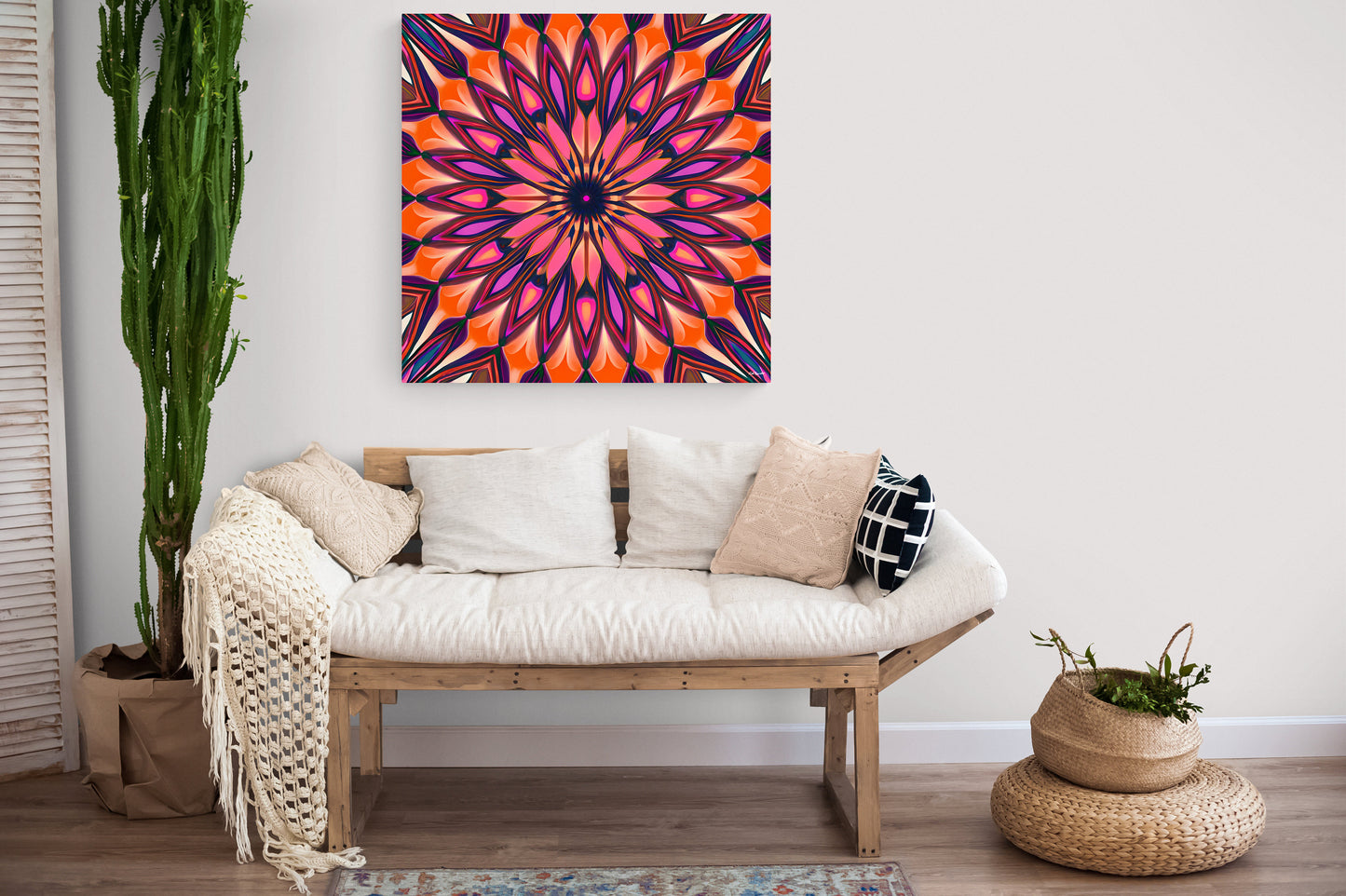 orange and purple abstract sunburst canvas wall art, wall art dcor, room wall dcor, unique art, tribal pattern wall art, boho wall art