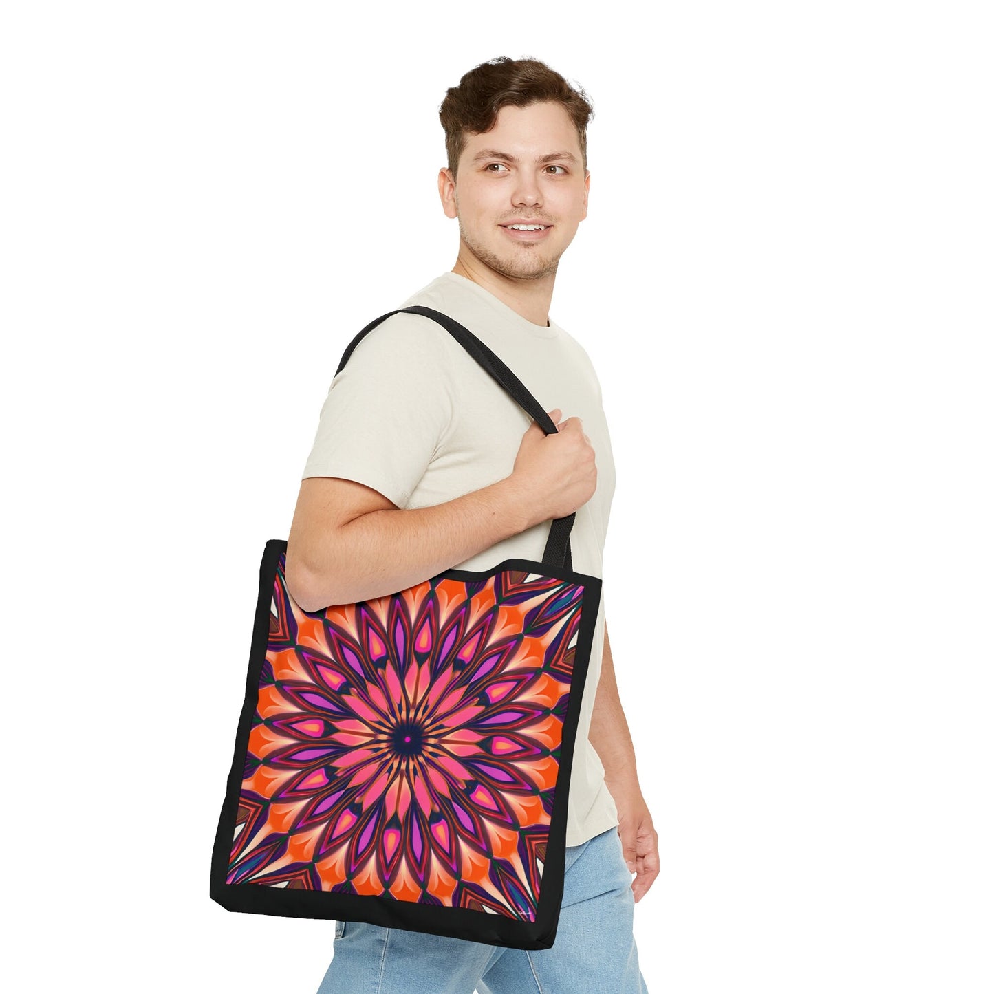 orange and purple abstract sunburst canvas tote bag,