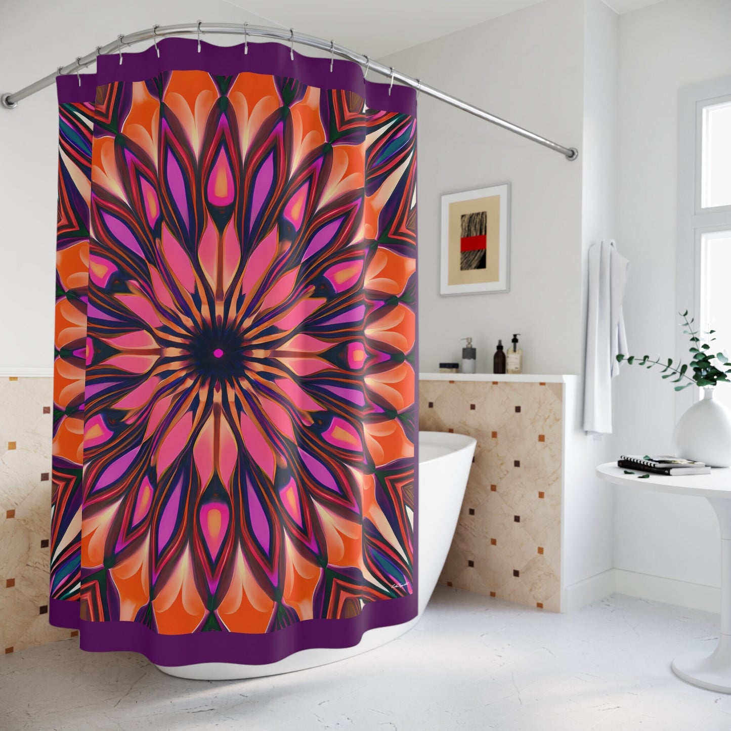 orange and purple abstract sunburst shower curtain, home accessories, bathroom dcor, bathroom, home dcor, housewarming gift, shower decor