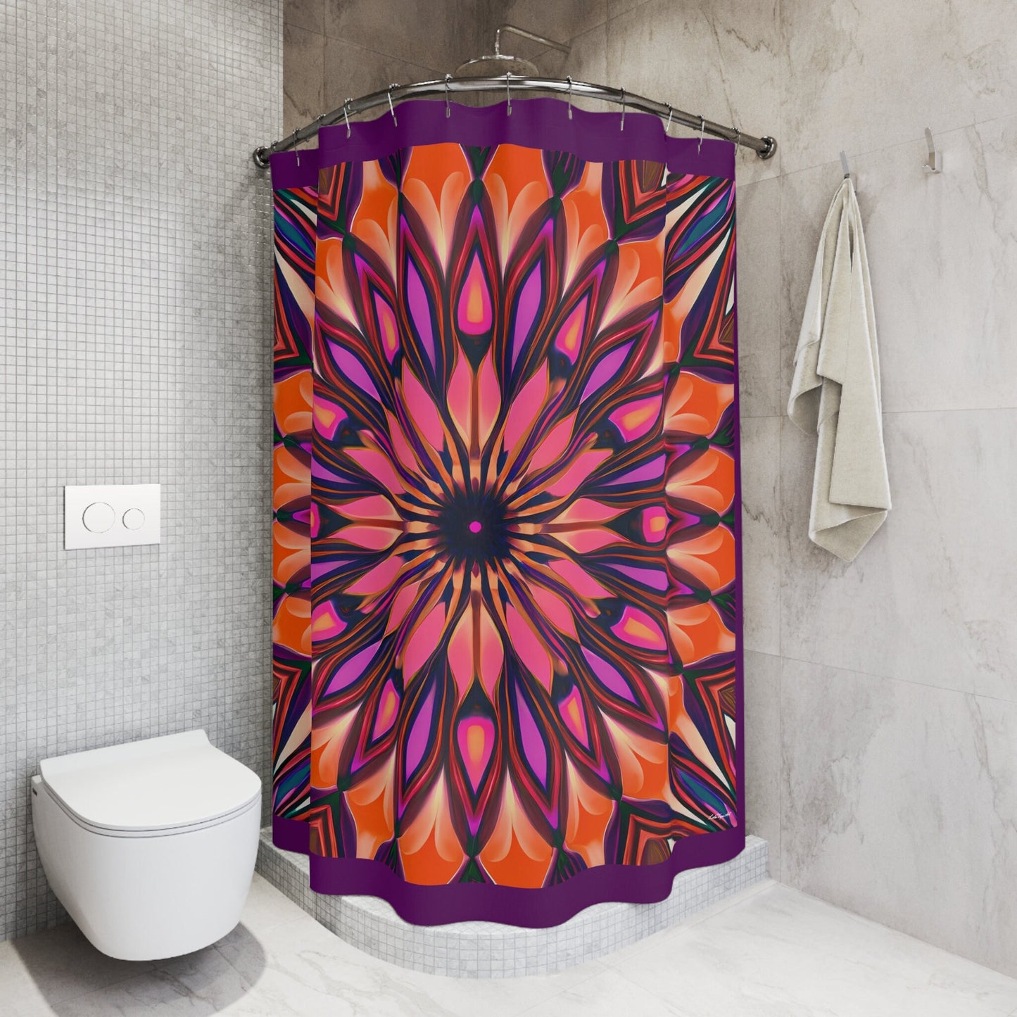 orange and purple abstract sunburst shower curtain, home accessories, bathroom dcor, bathroom, home dcor, housewarming gift, shower decor