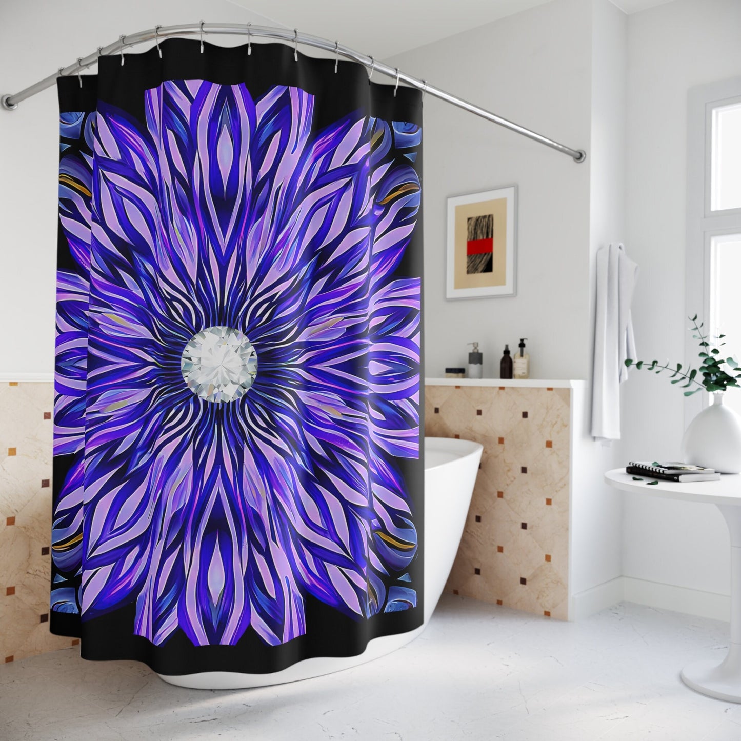 purple abstract sunburst shower curtain, home accessories, bathroom dcor, bathroom, home dcor, housewarming gift, shower room decor