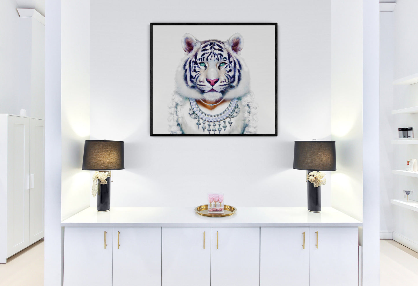 white tiger in diamonds framed canvas wall art, tiger art, tiger picture, animal art, animal print, wall art dcor, tiger decor, big cat art