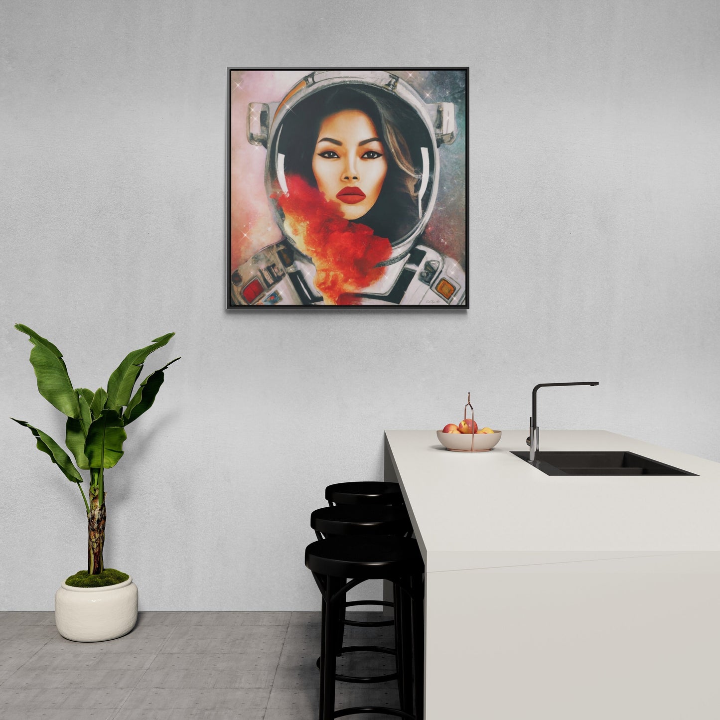 asian female astronaut framed canvas wall art,  space art print, astronaut in space, , astronaut gift, emotional wall art, space decor