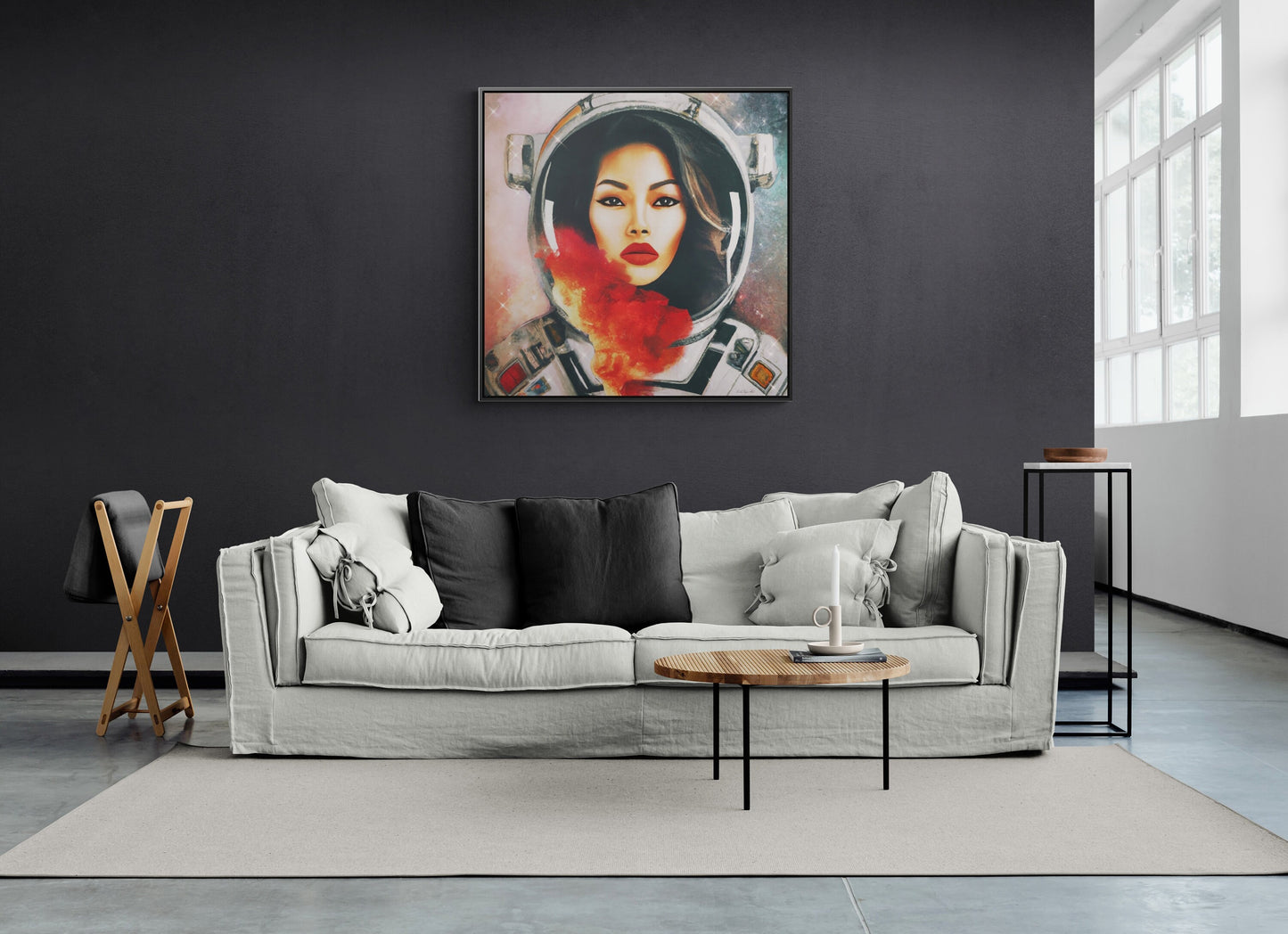 asian female astronaut framed canvas wall art,  space art print, astronaut in space, , astronaut gift, emotional wall art, space decor