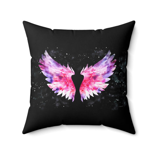 pink angel wings with black background square pillow, decorative pillow, living room pillow, bedroom pillow, throw pillow, accent pillow