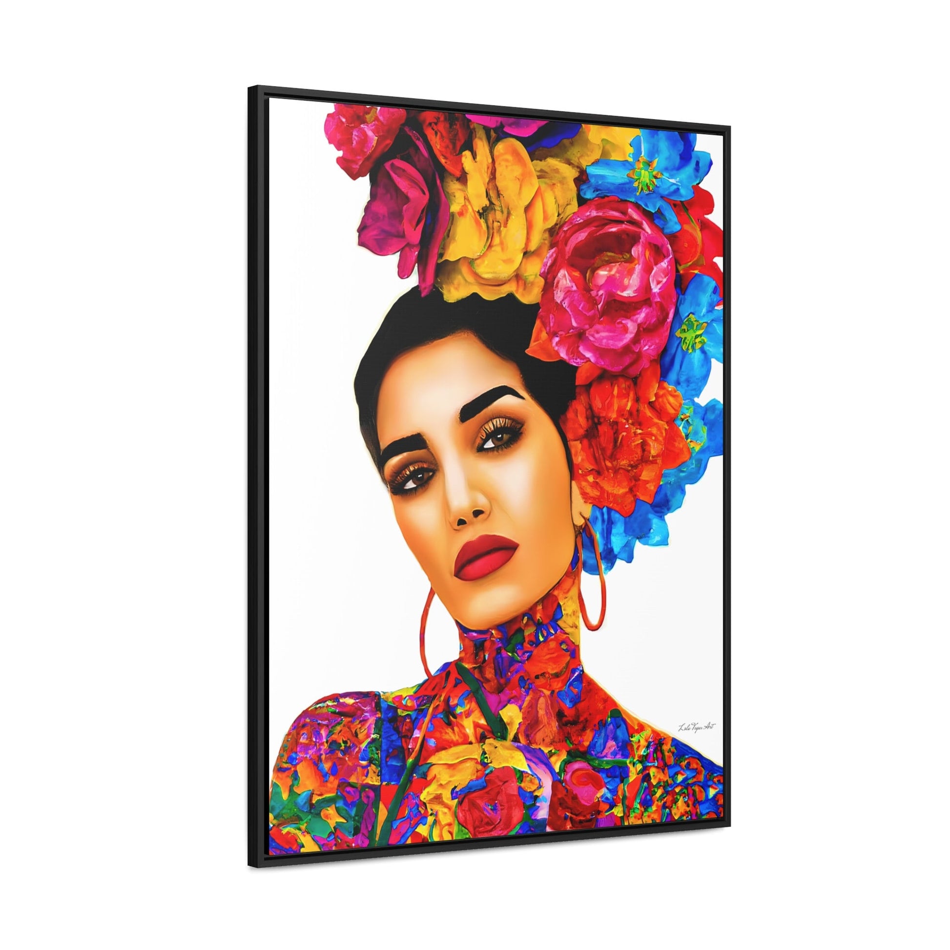 latina woman with flowers in her hair and tattoo's framed canvas wall art, boho wall art, women decor, eclectic, feminine, contemporary - LOLA VEGAS ART
