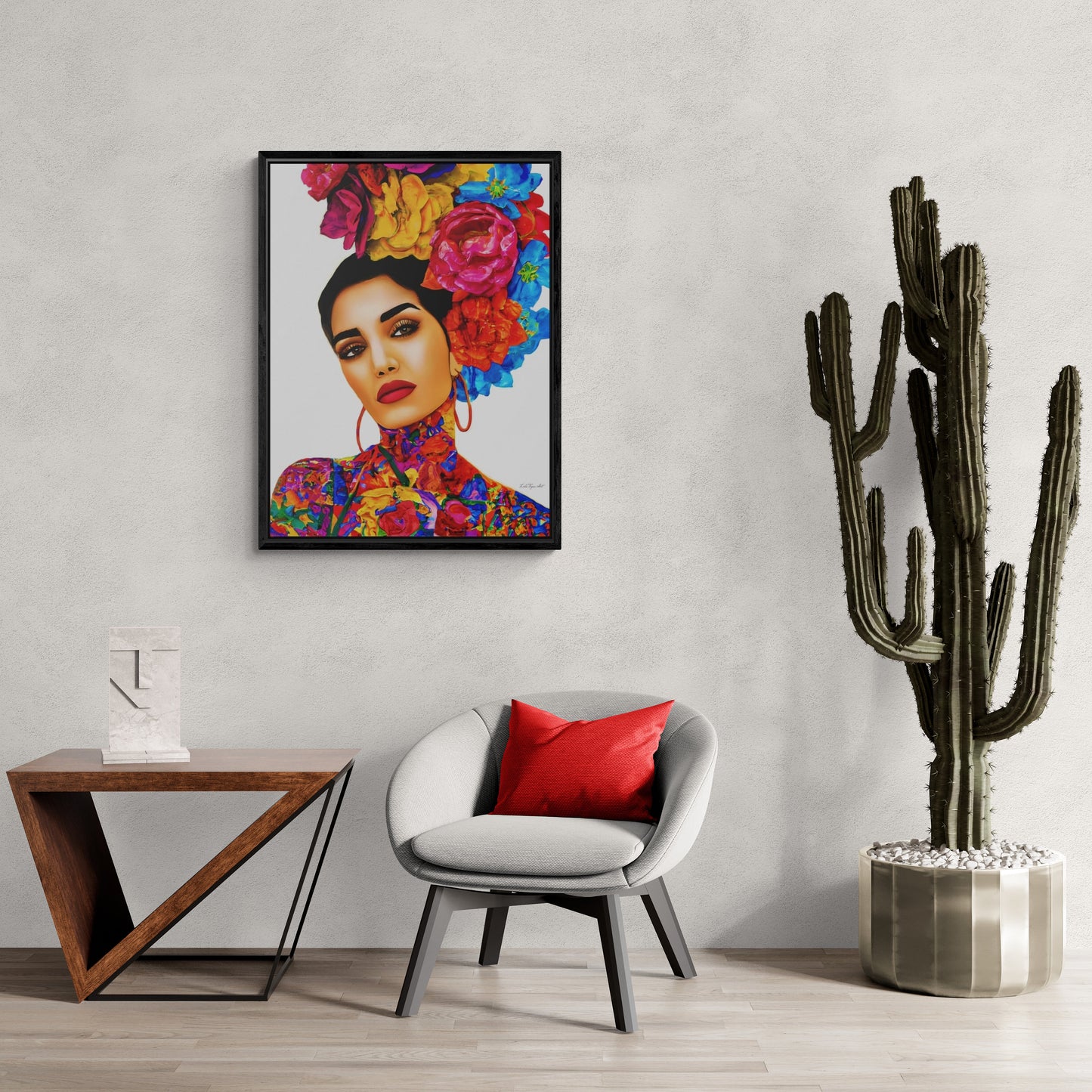 latina woman with flowers in her hair and tattoo's framed canvas wall art, boho wall art, women decor, eclectic, feminine, contemporary