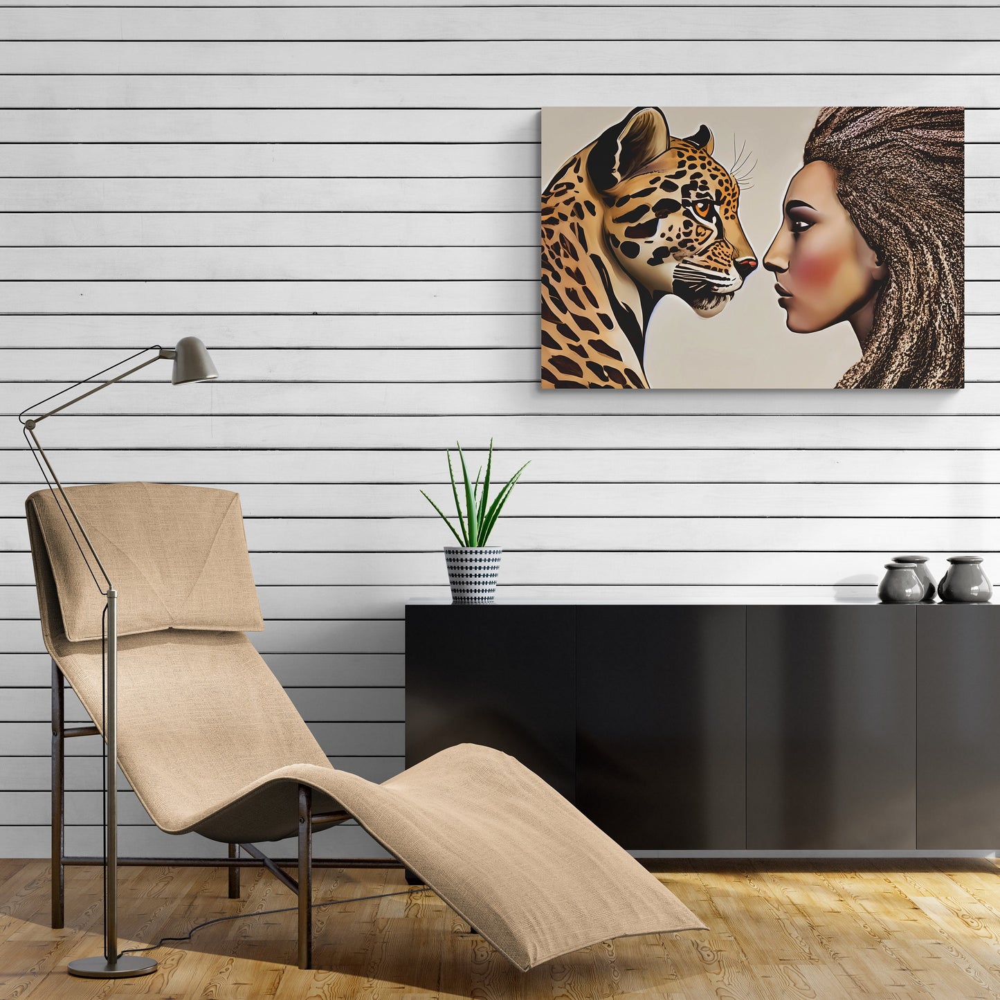 divine feminine black woman and leopard canvas wall art, wall art dcor, room wall dcor, unique art, big cat art, african american art