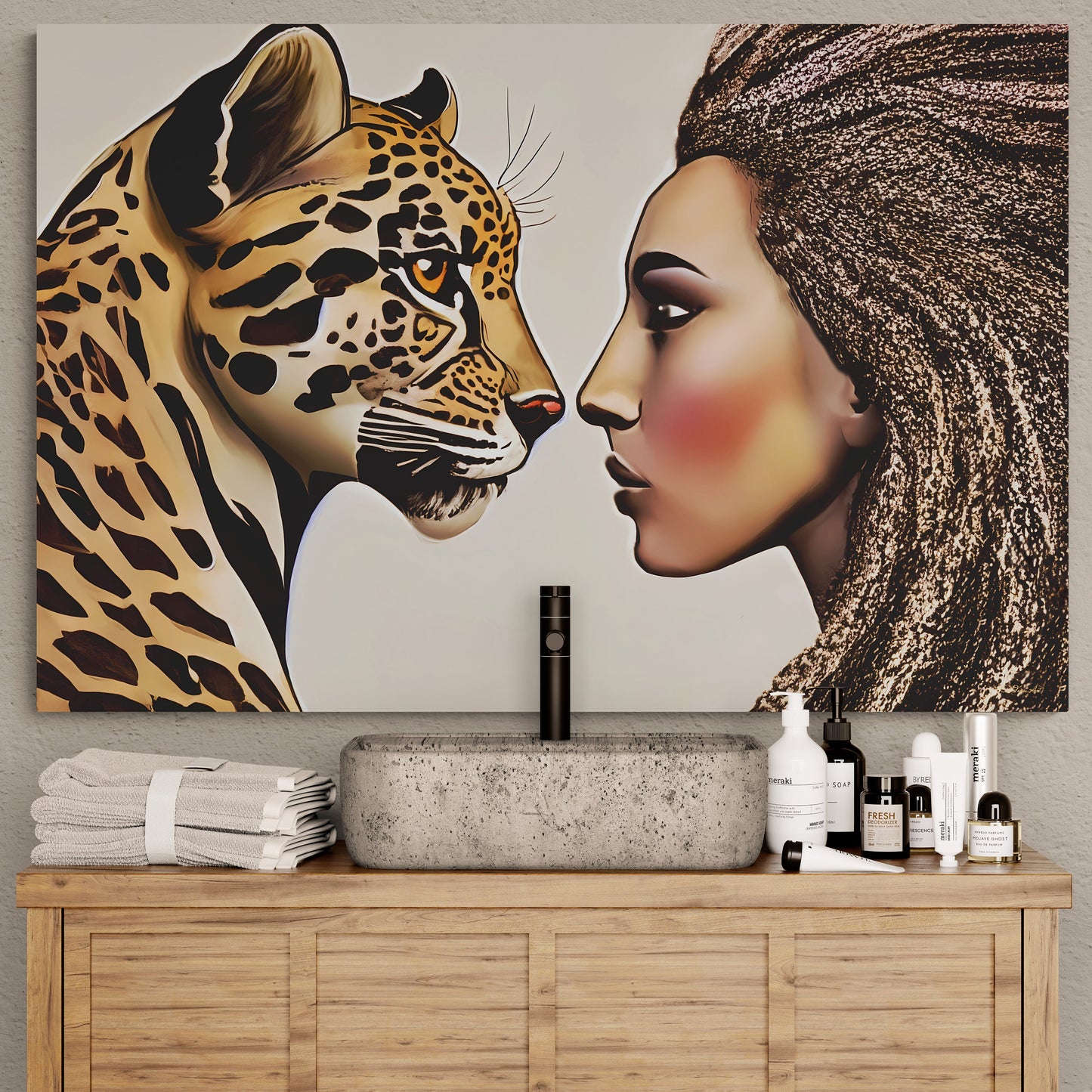 divine feminine black woman and leopard canvas wall art, wall art dcor, room wall dcor, unique art, big cat art, african american art