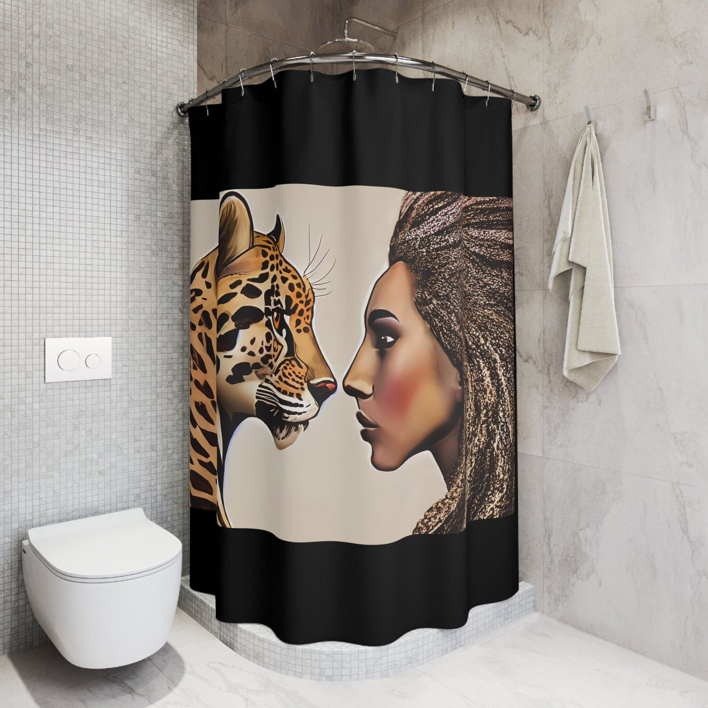 african american woman and leopard shower curtain, home accessories, bathroom dcor, bathroom, home dcor, housewarming gift, shower decor