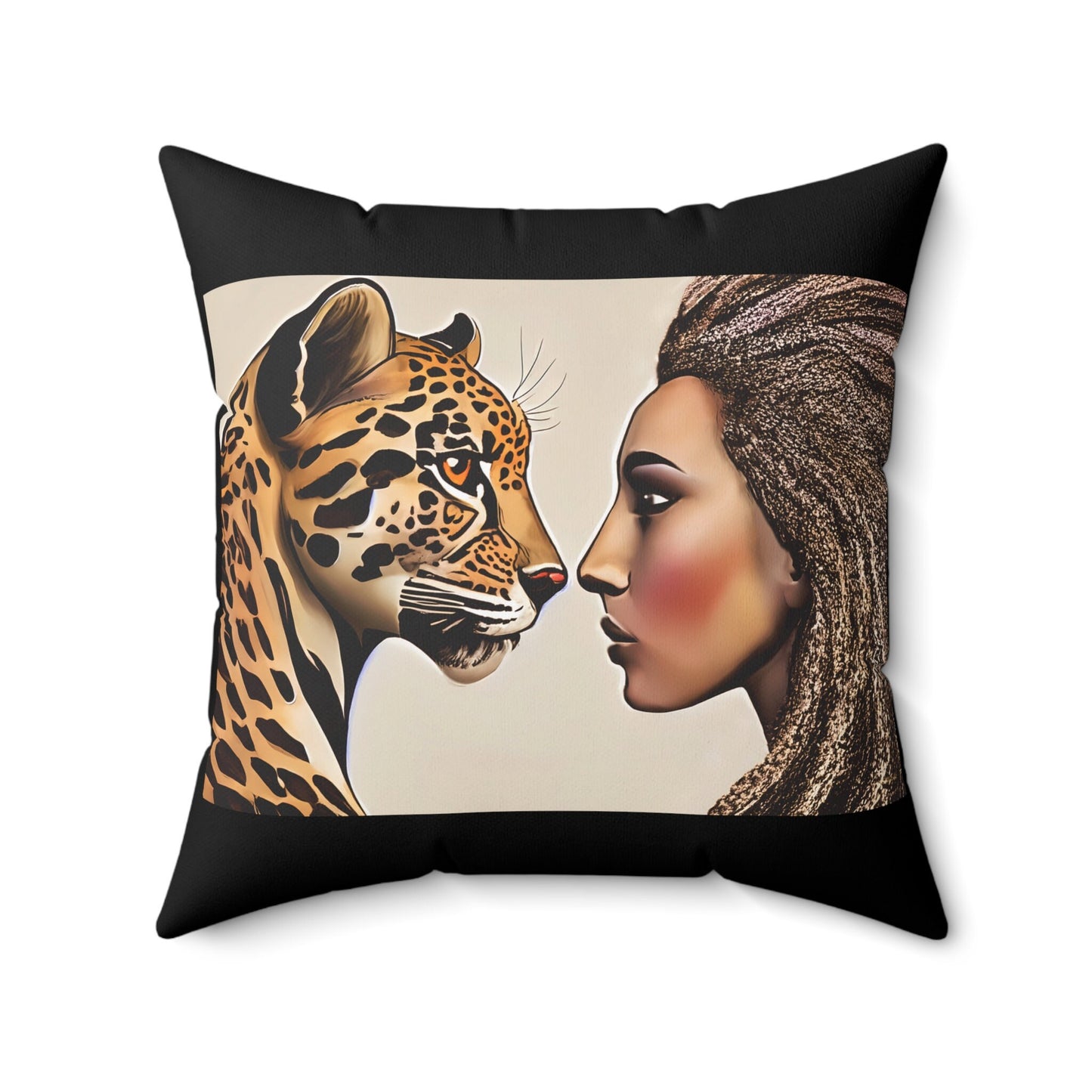 woman with leopard square pillow, decorative pillow, living room pillow, bedroom pillow, throw pillow, pillows, accent pillow, cushion