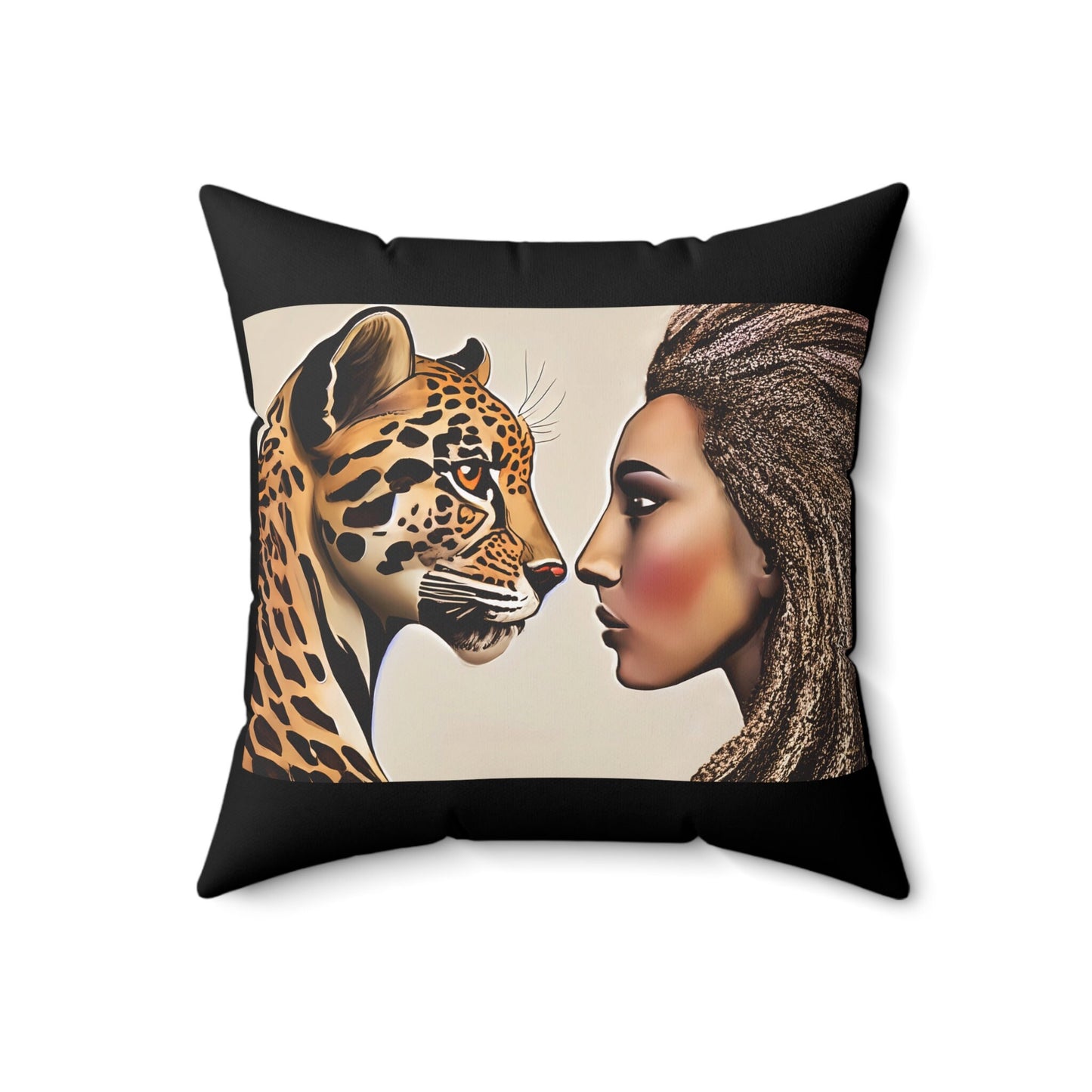 woman with leopard square pillow, decorative pillow, living room pillow, bedroom pillow, throw pillow, pillows, accent pillow, cushion