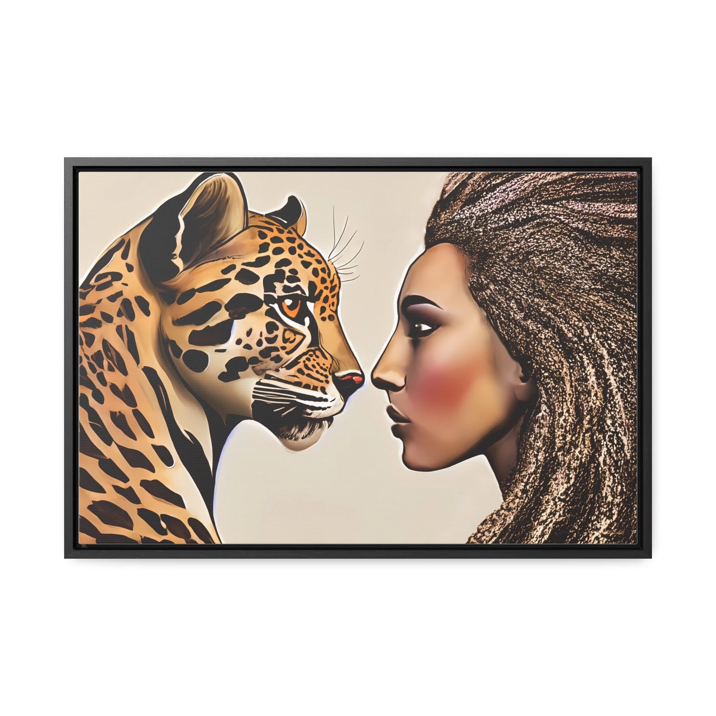 african american woman and leopard framed canvas wall art, wall art canvas with frame, wall art living room framed, wall art canvas framed,