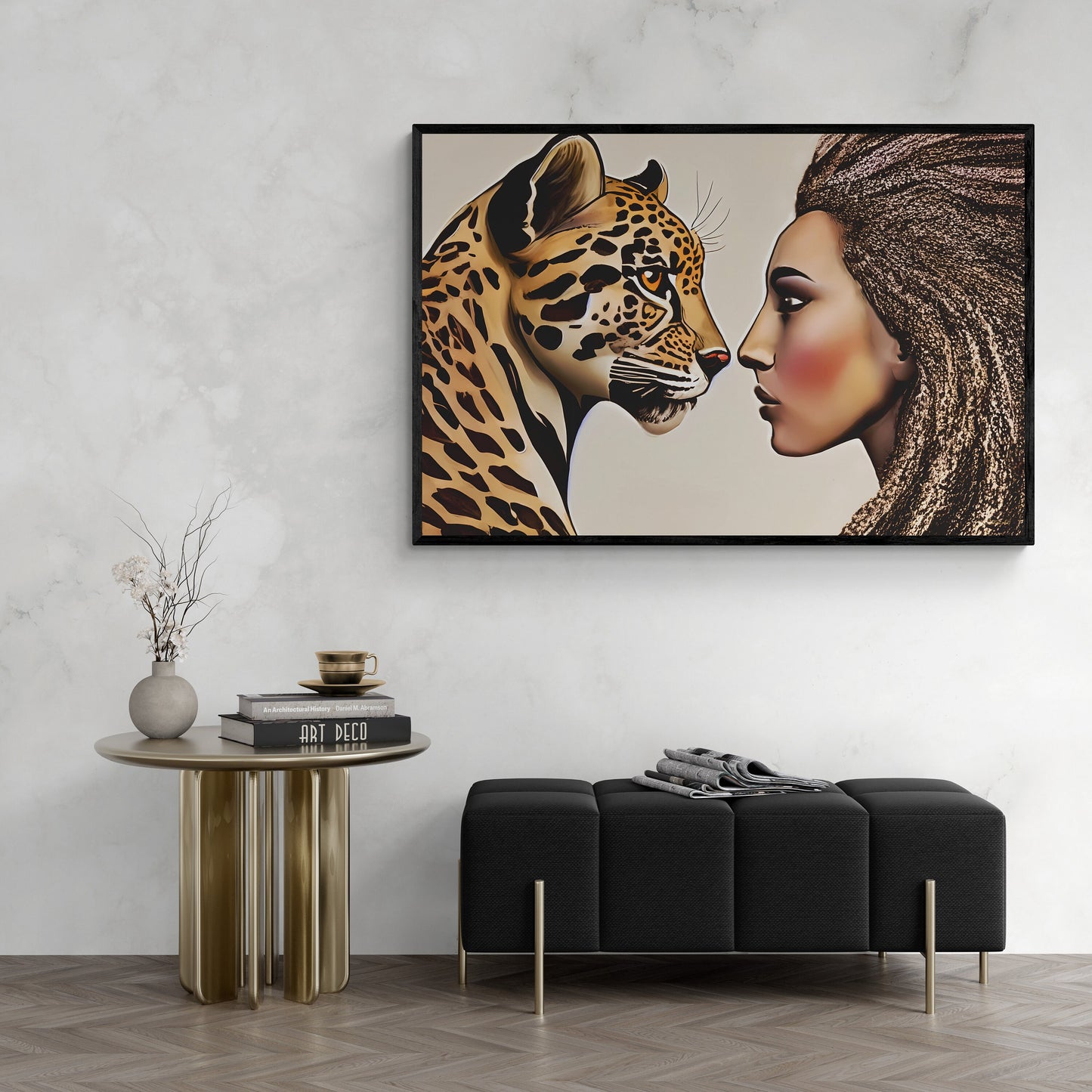 african american woman and leopard framed canvas wall art, wall art canvas with frame, wall art living room framed, wall art canvas framed,