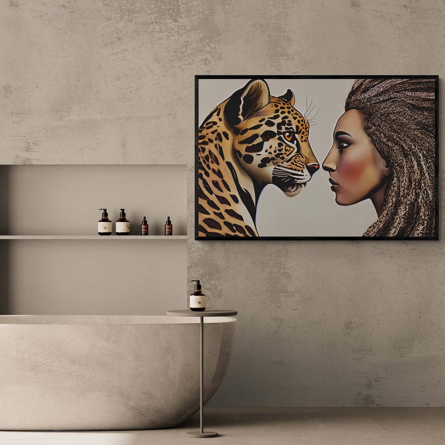 african american woman and leopard framed canvas wall art, wall art canvas with frame, wall art living room framed, wall art canvas framed,