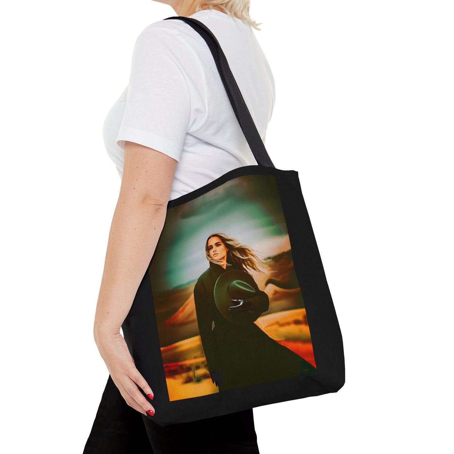 woman in the desert tote bag,