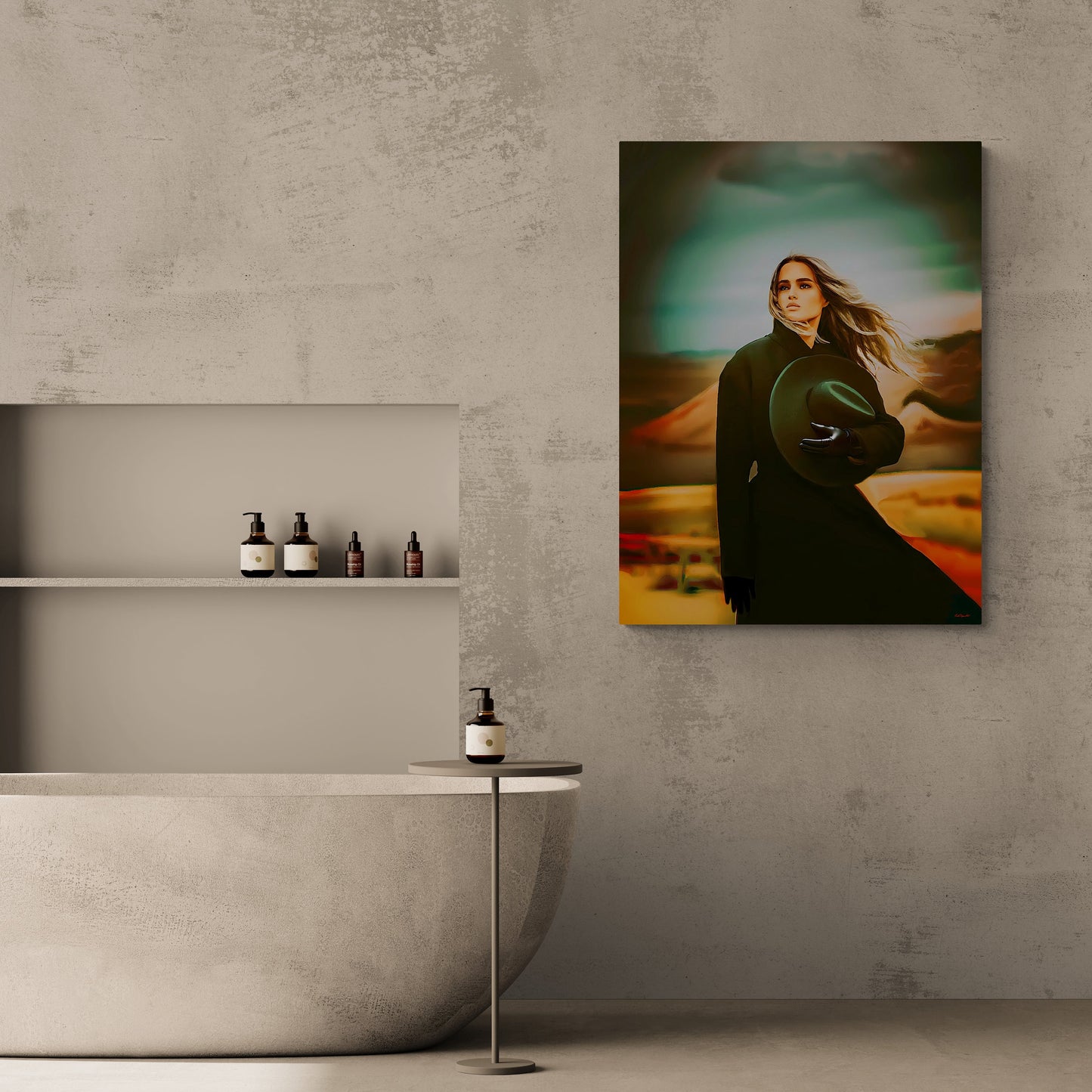 woman in the desert canvas wall art, wall art dcor, room wall dcor, southwestern art, woman portrait, dramatic art, beautiful female