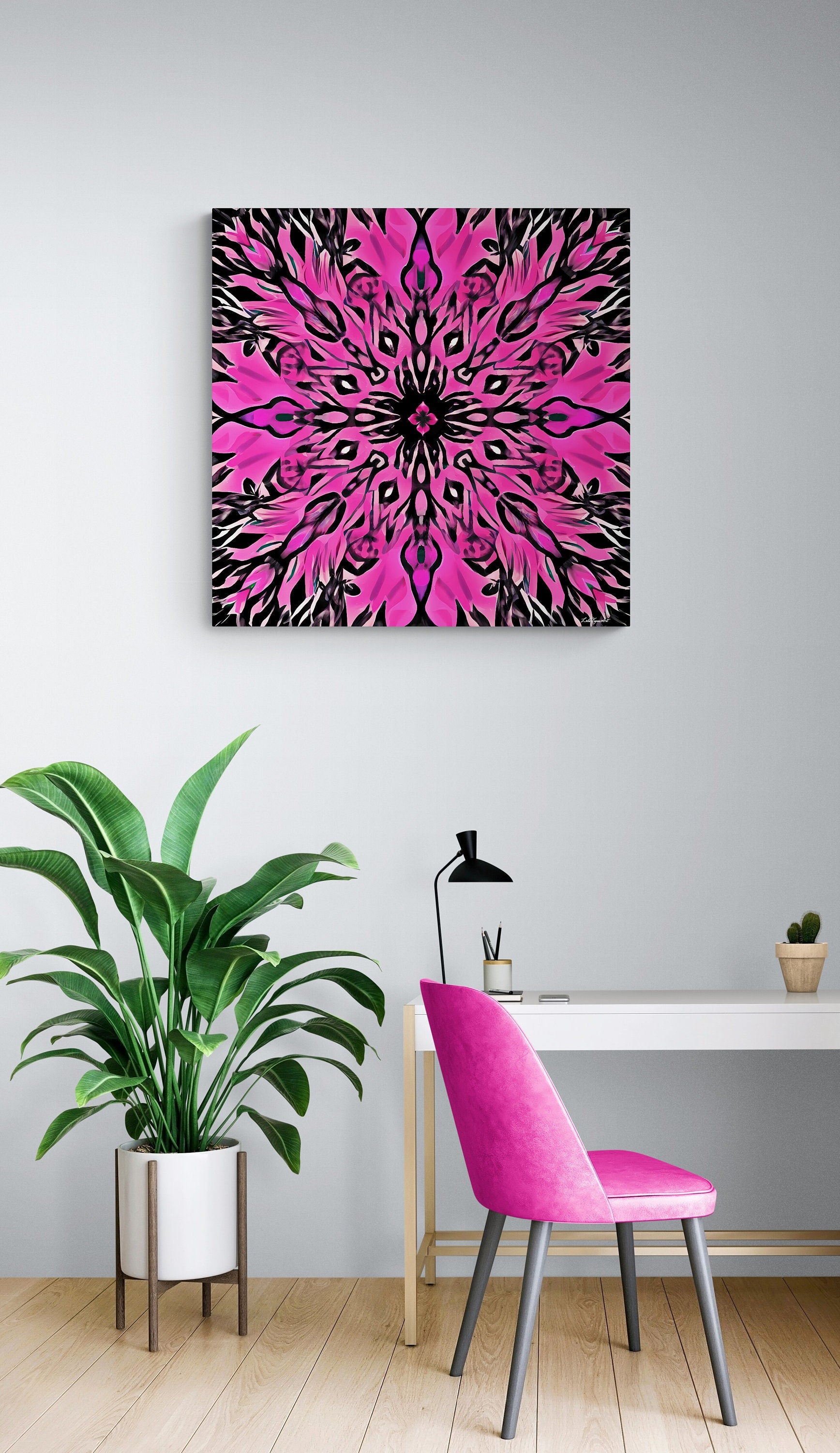 hot pink and black abstract boho flower, wall art dcor, room wall dcor, unique art, contemporary, feminine, boho style decor, modern - LOLA VEGAS ART