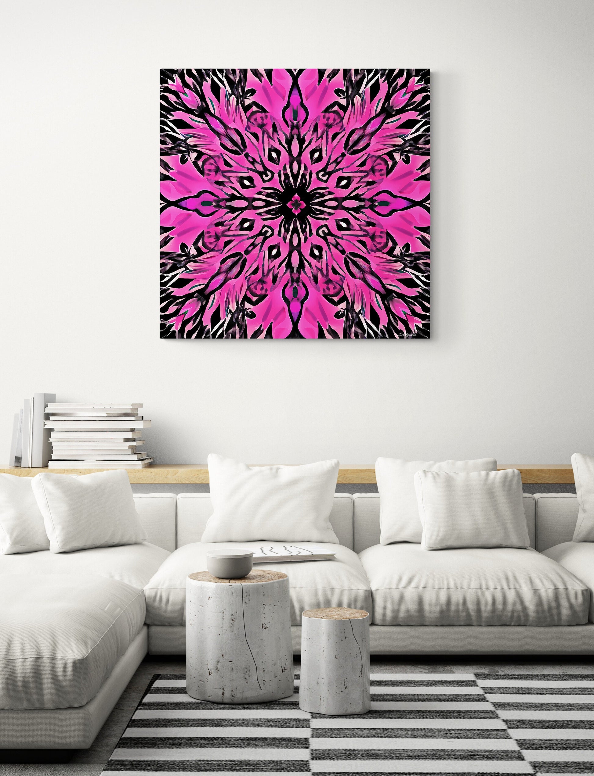 hot pink and black abstract boho flower, wall art dcor, room wall dcor, unique art, contemporary, feminine, boho style decor, modern - LOLA VEGAS ART