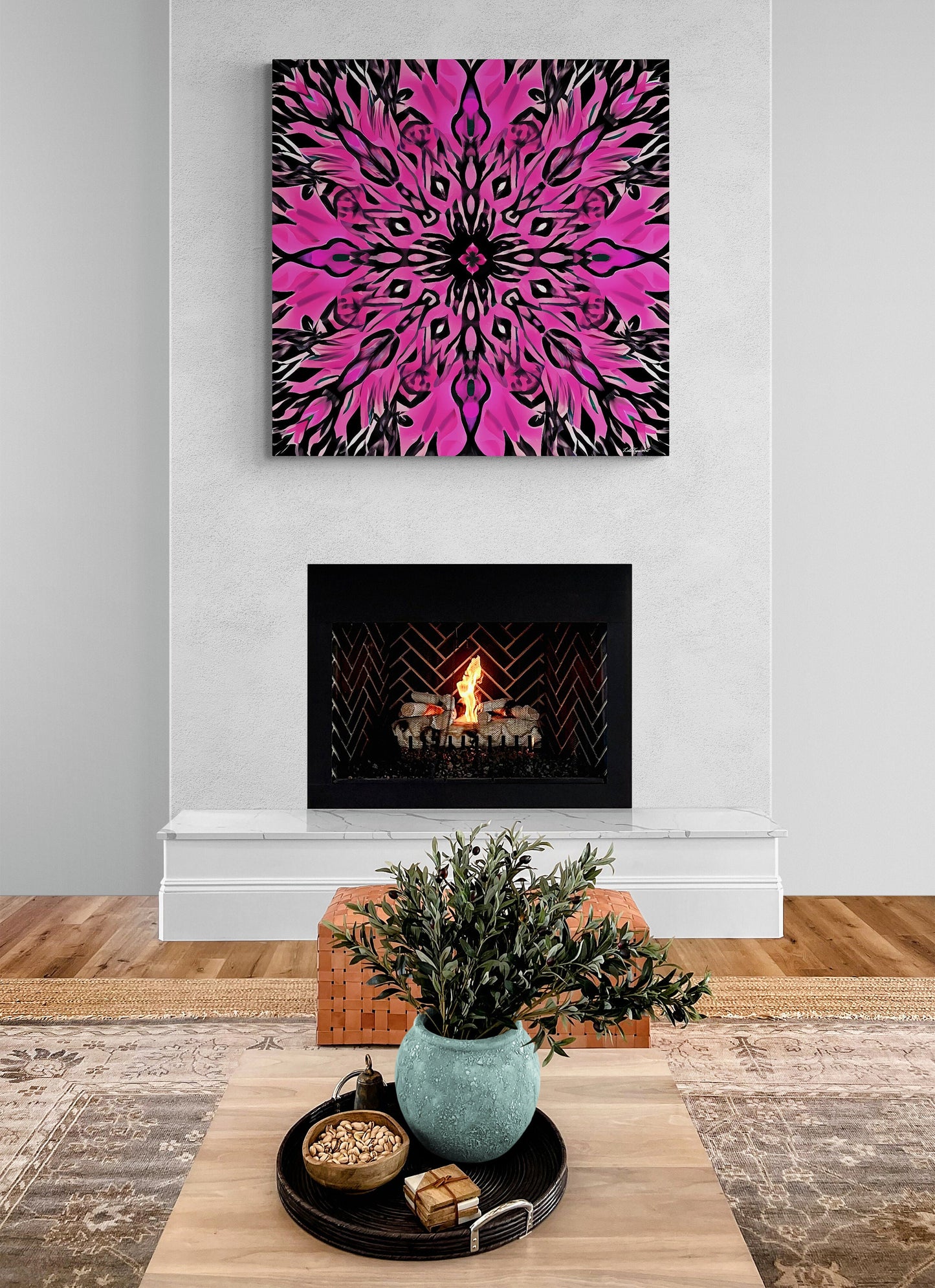 hot pink and black abstract boho flower, wall art dcor, room wall dcor, unique art, contemporary, feminine, boho style decor, modern