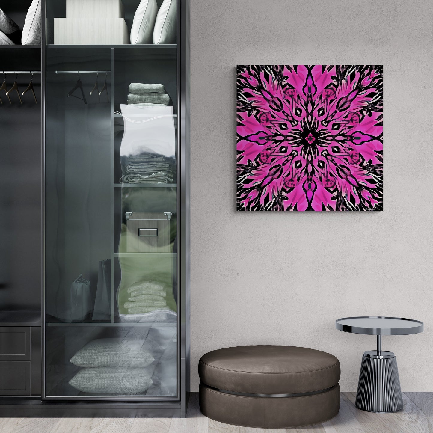 hot pink and black abstract boho flower, wall art dcor, room wall dcor, unique art, contemporary, feminine, boho style decor, modern - LOLA VEGAS ART