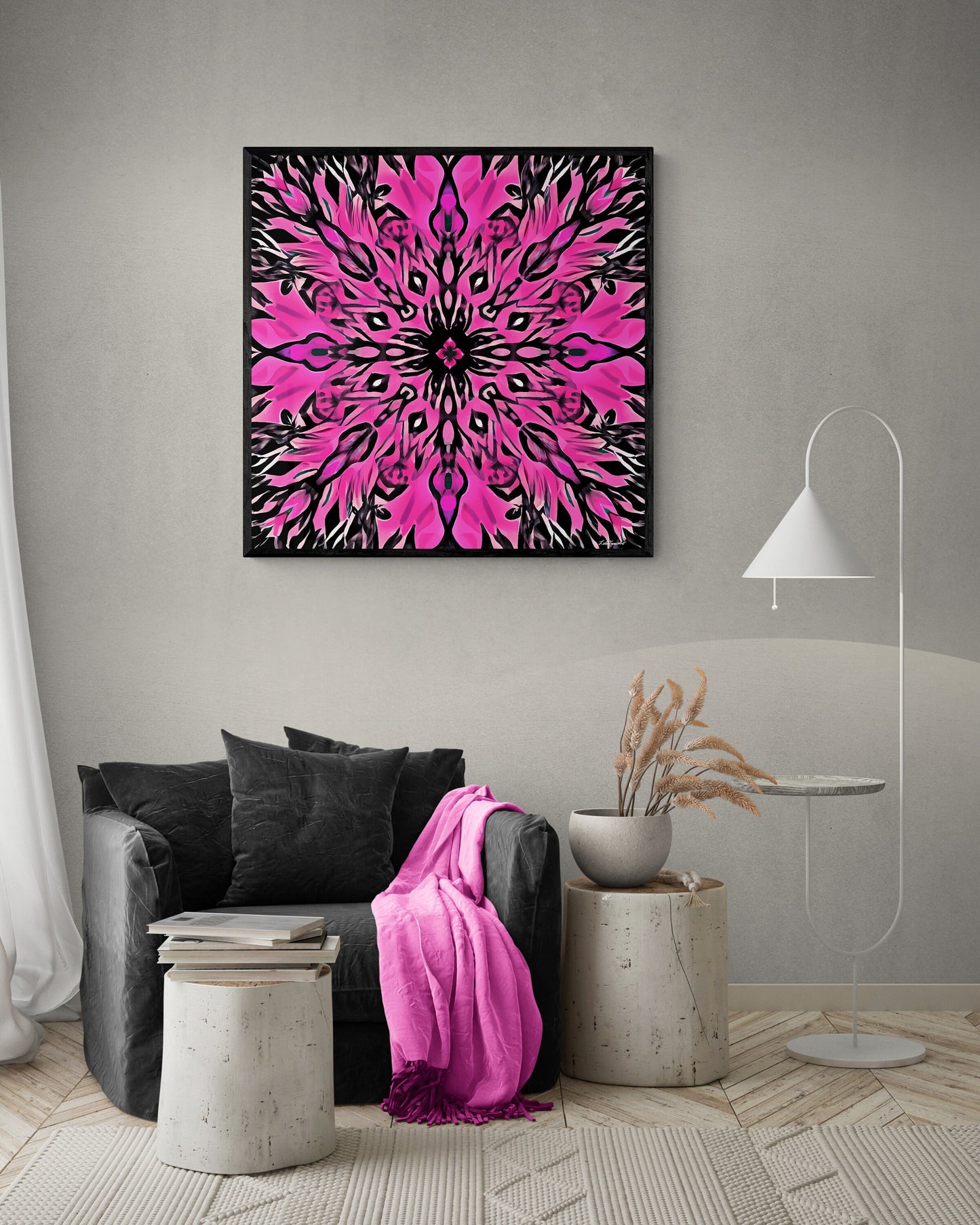 hot pink and black boho flower abstract framed canvas wall art, wall art framed, wall art living room framed, wall art canvas framed,