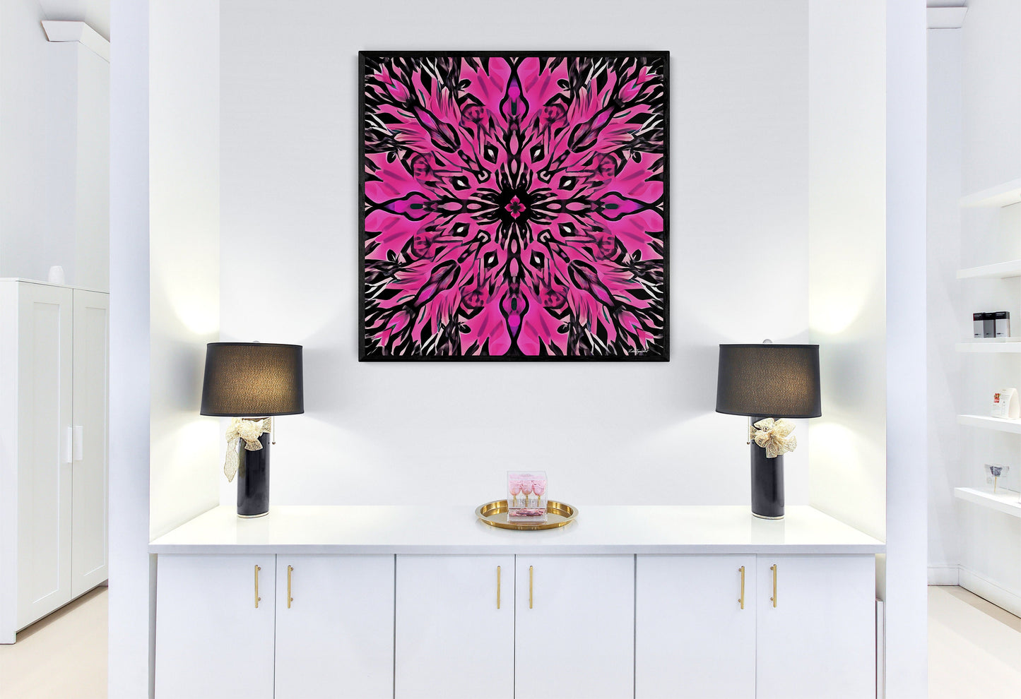 hot pink and black boho flower abstract framed canvas wall art, wall art framed, wall art living room framed, wall art canvas framed, - LOLA VEGAS ART