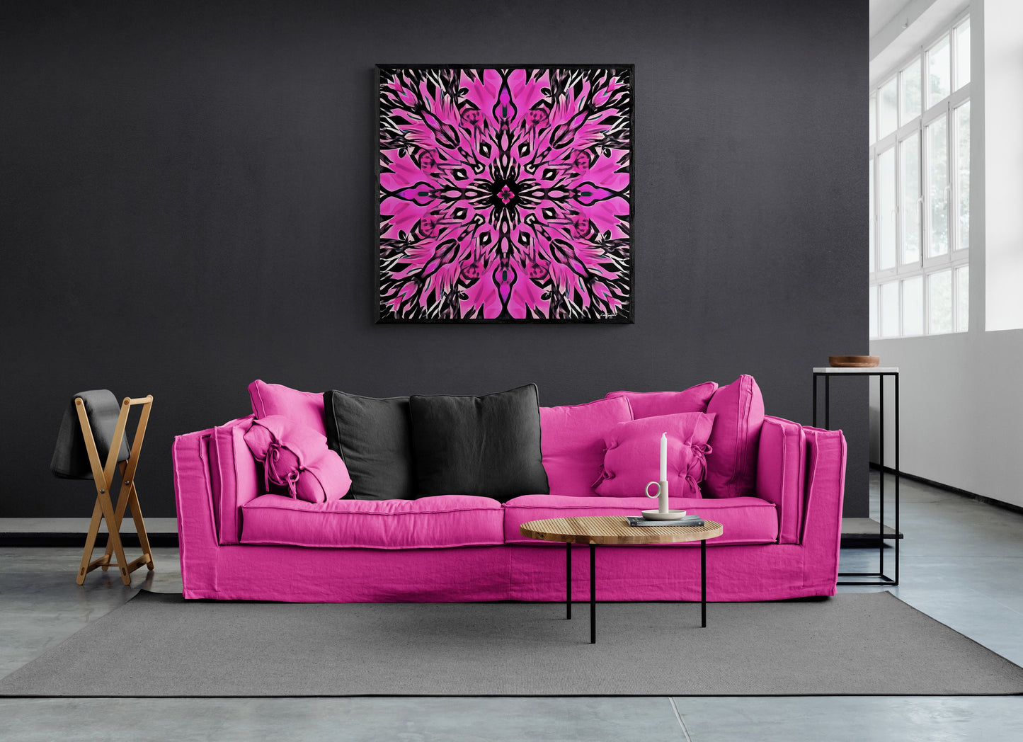 hot pink and black boho flower abstract framed canvas wall art, wall art framed, wall art living room framed, wall art canvas framed,