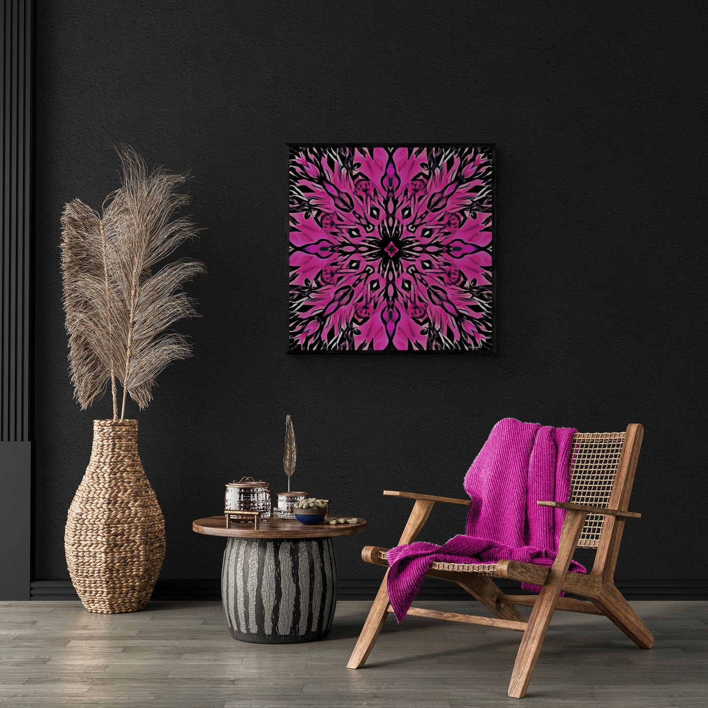 hot pink and black boho flower abstract framed canvas wall art, wall art framed, wall art living room framed, wall art canvas framed, - LOLA VEGAS ART