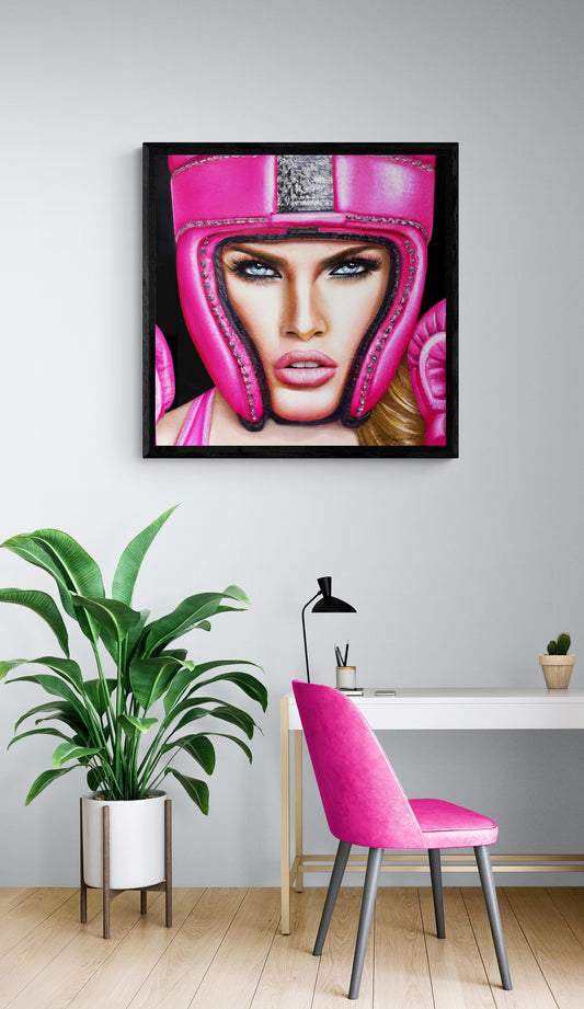 beautiful female boxer in hot pink helmet framed canvas wall art, unique art, powerful woman, strong goddess, wall art woman, unique art