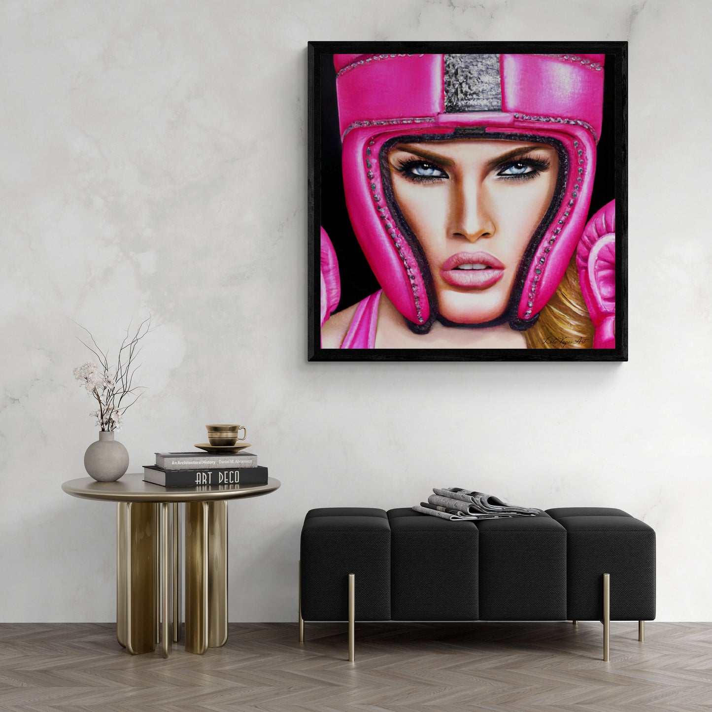 beautiful female boxer in hot pink helmet framed canvas wall art, unique art, powerful woman, strong goddess, wall art woman, unique art