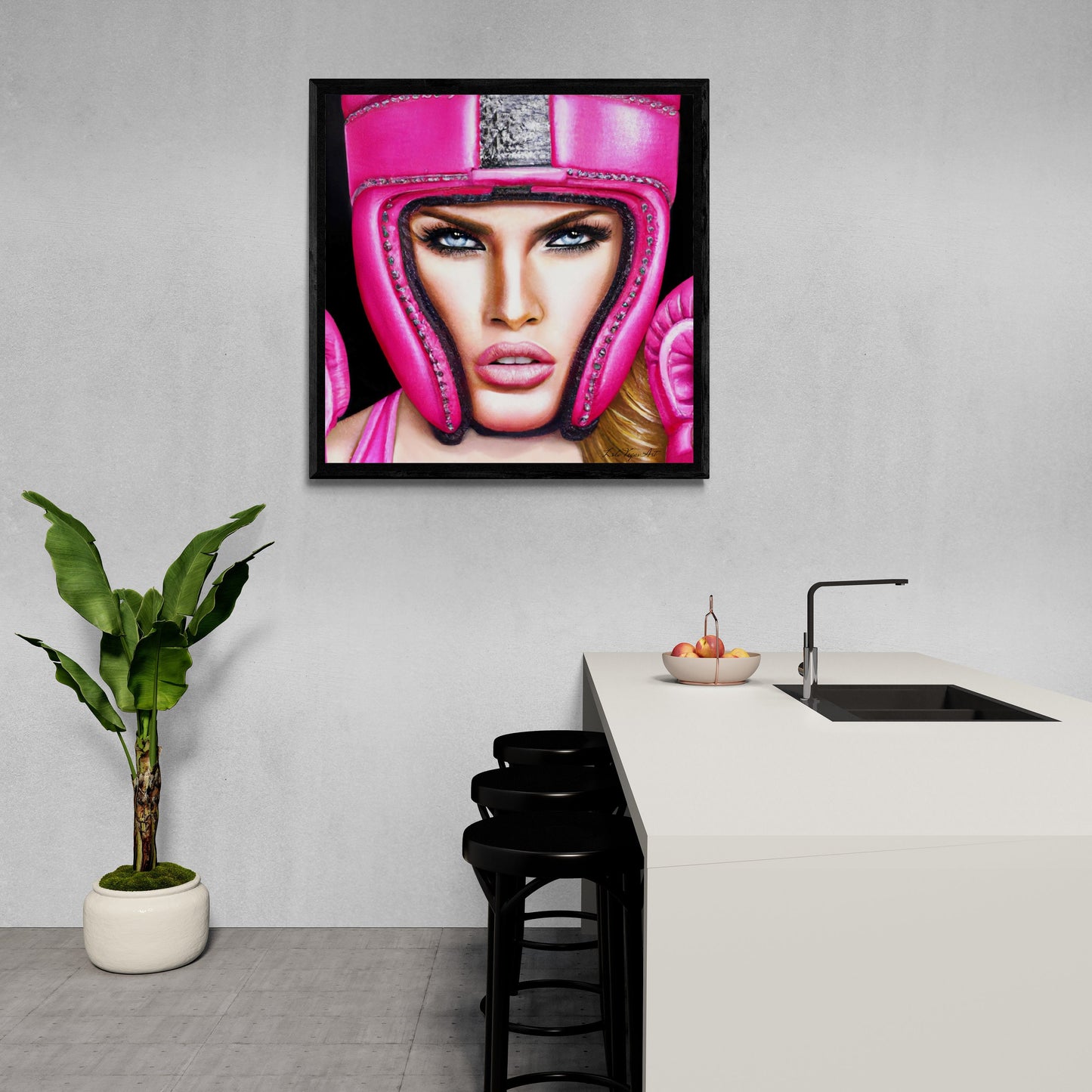 beautiful female boxer in hot pink helmet framed canvas wall art, unique art, powerful woman, strong goddess, wall art woman, unique art