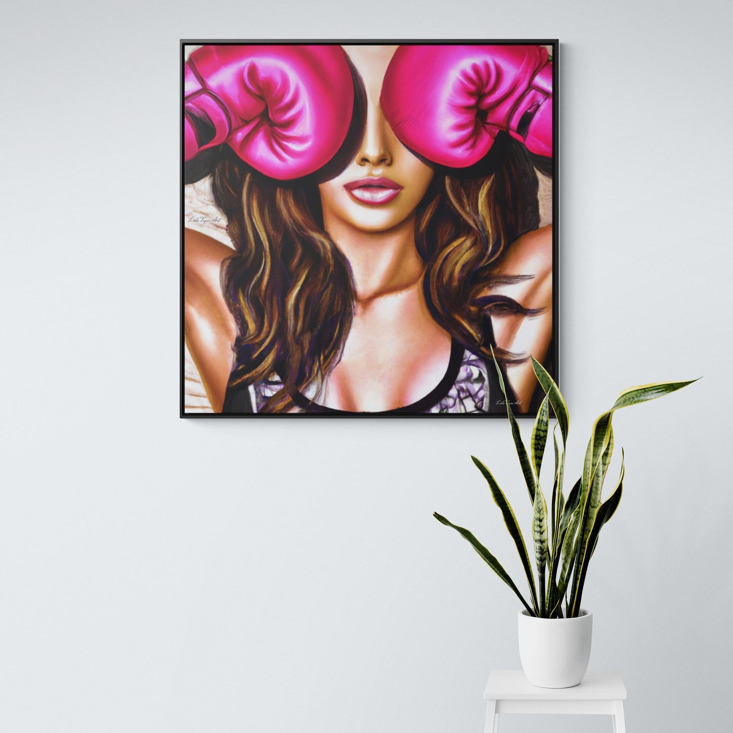 female boxer with pink gloves framed canvas wall art, unique art, powerful woman, , wall art living room framed, framed bedroom wall art