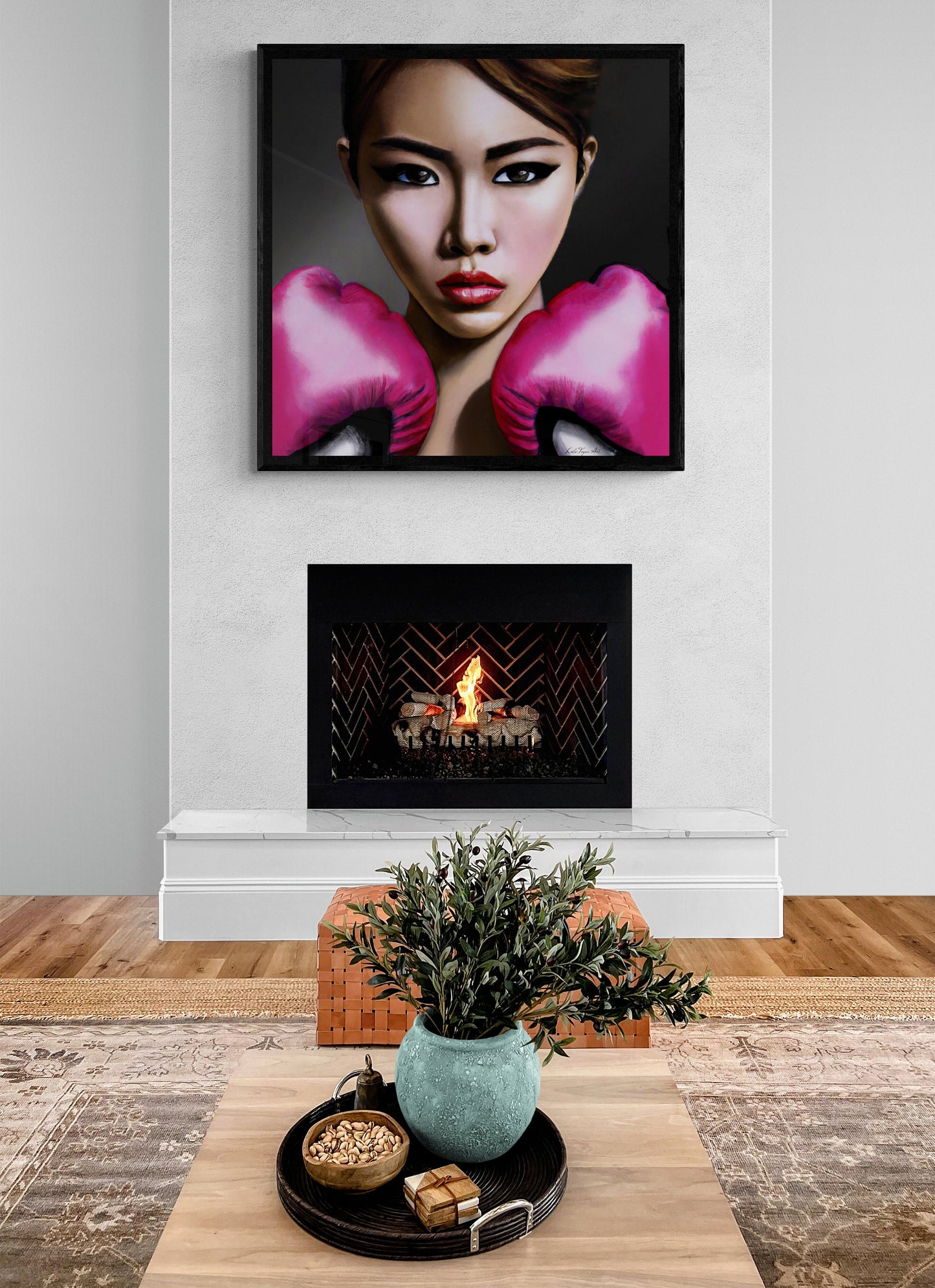 asian woman female boxer with pink gloves, powerful woman, feminist art, boxing art, wall art living room framed, framed bedroom wall art