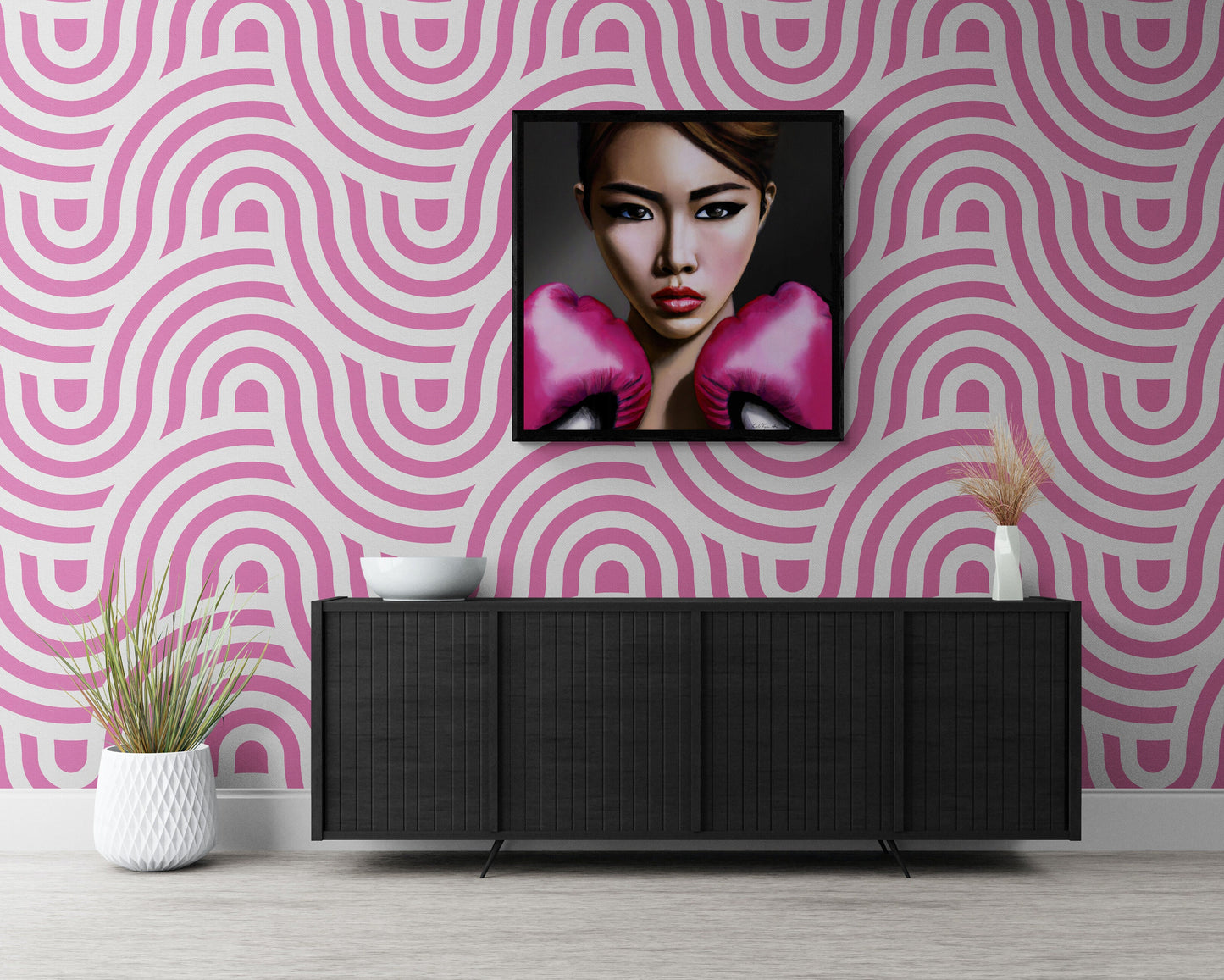 asian woman female boxer with pink gloves, powerful woman, feminist art, boxing art, wall art living room framed, framed bedroom wall art