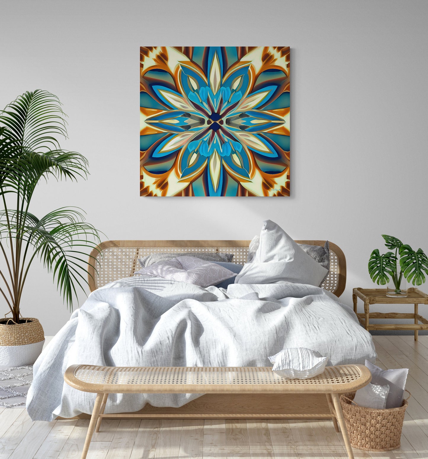 shades of blue, creme and carmel abstract tropical flower canvas wall art, art deco wall art, feminine art, elegant art, ready to hang