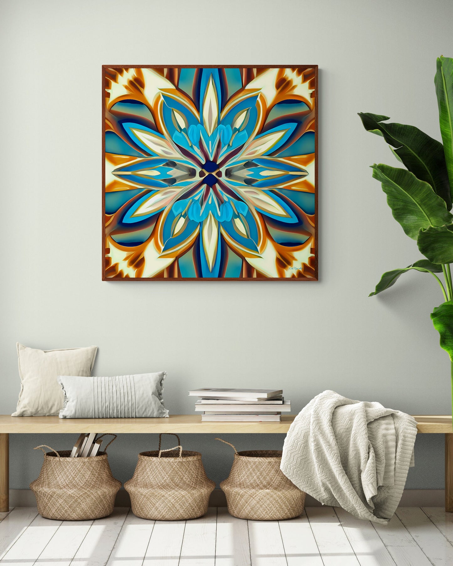 blue, creme and canvas abstract tropical flower framed canvas wall art, wall art living room framed, floral wall art, feminine wall art