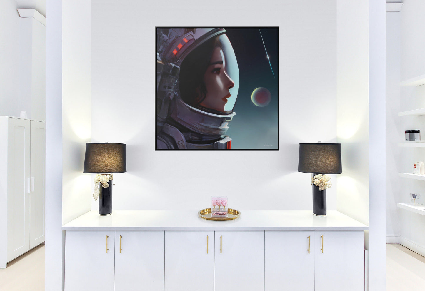 asian female astronaut framed canvas wall art, space art, space art print, astronaut in space, wall art, astronaut gift, emotional wall art