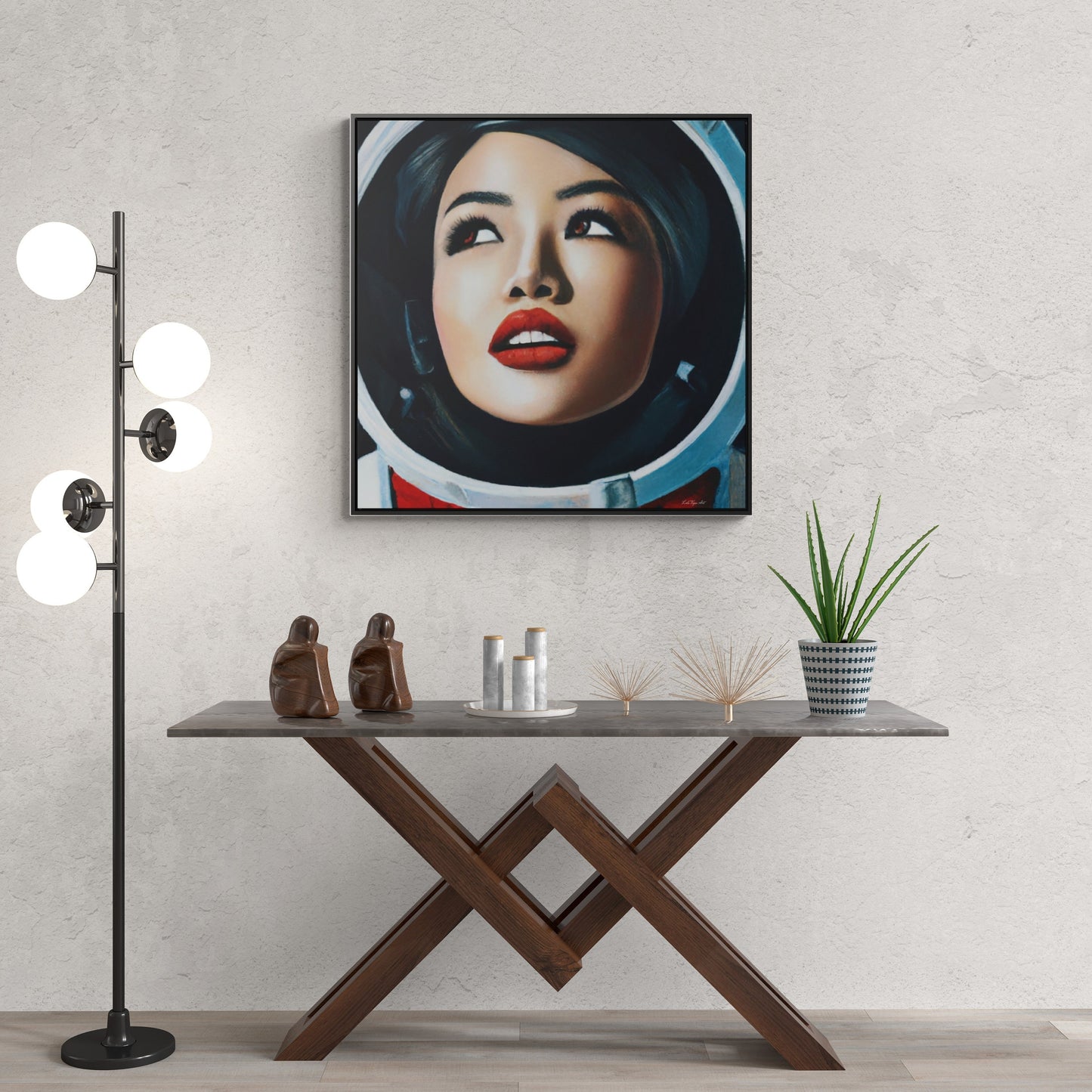 asian female astronaut framed canvas wall art, space art, space art print, astronaut in space,  wall art dcor, woman decor, astronaut gift