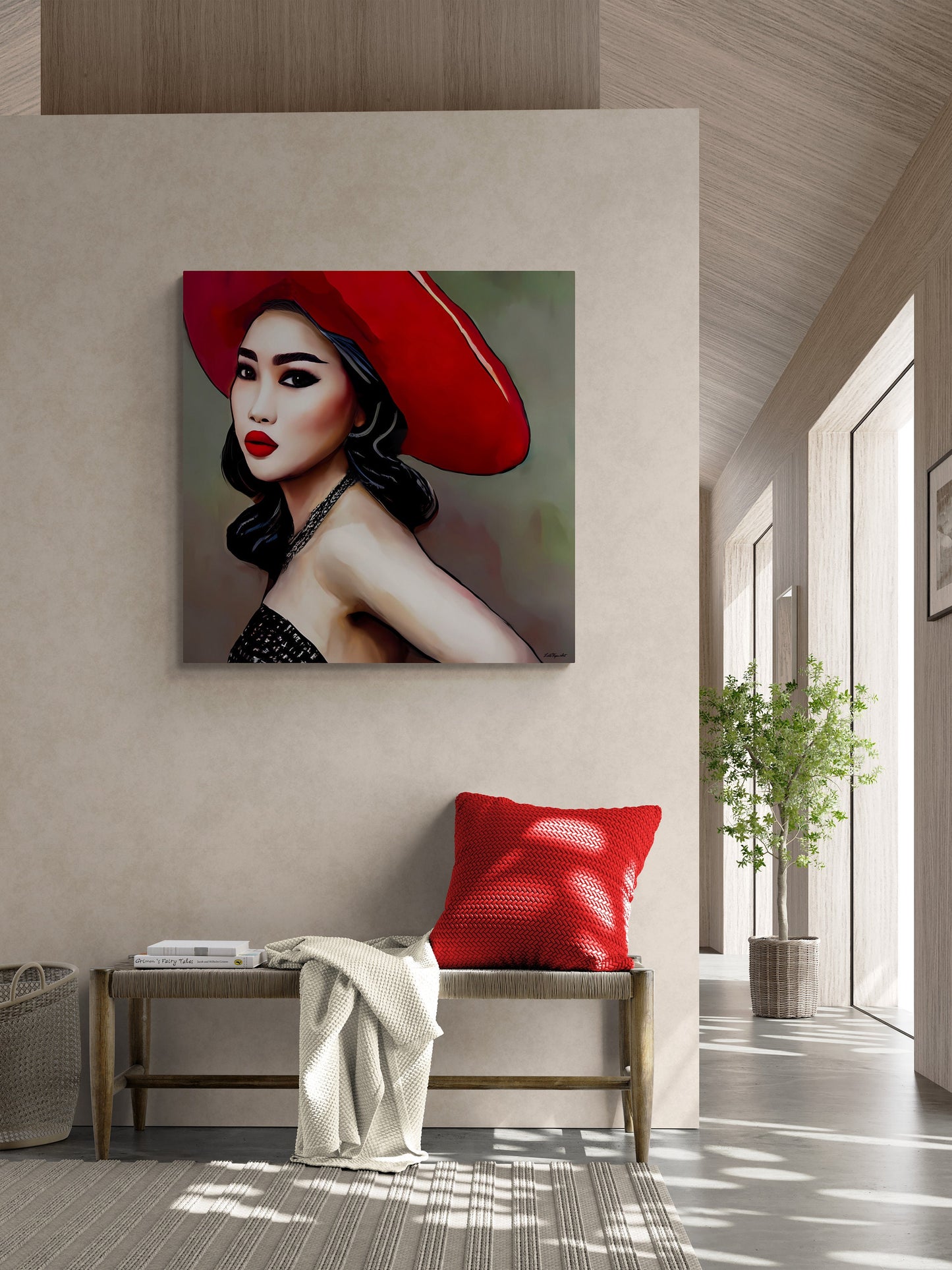 beautiful asian woman in a big red hat canvas wall art, wall art dcor, woman dcor, feminine wall art, fashion wall art, wall art woman