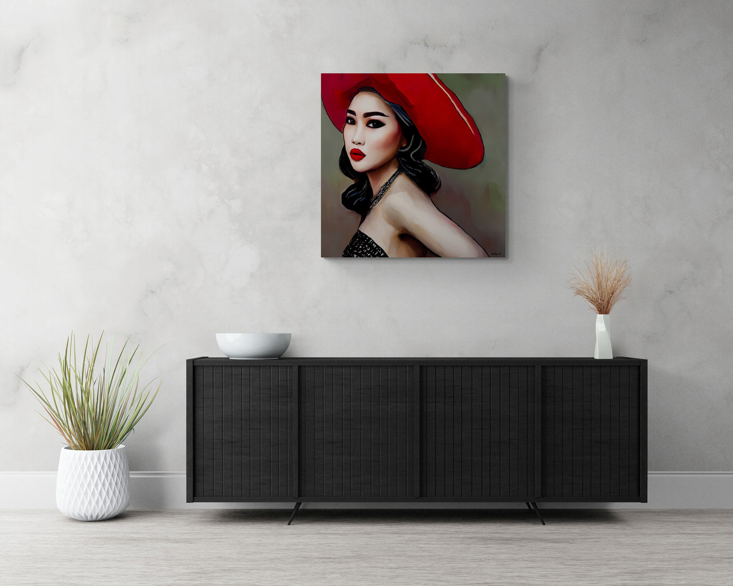 beautiful asian woman in a big red hat canvas wall art, wall art dcor, woman dcor, feminine wall art, fashion wall art, wall art woman