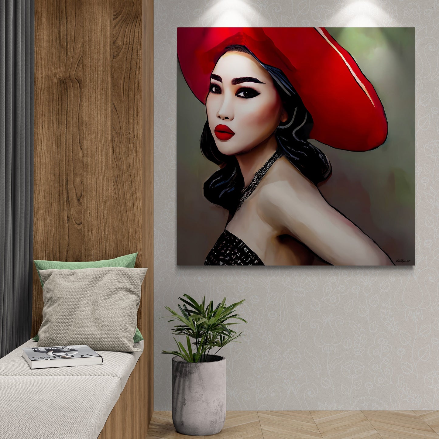 beautiful asian woman in a big red hat canvas wall art, wall art dcor, woman dcor, feminine wall art, fashion wall art, wall art woman