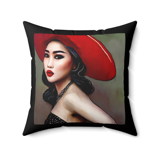 asian woman in red hat square pillow, decorative pillow, living room pillow, bedroom pillow, throw pillow, decorative pillows, accent pillow