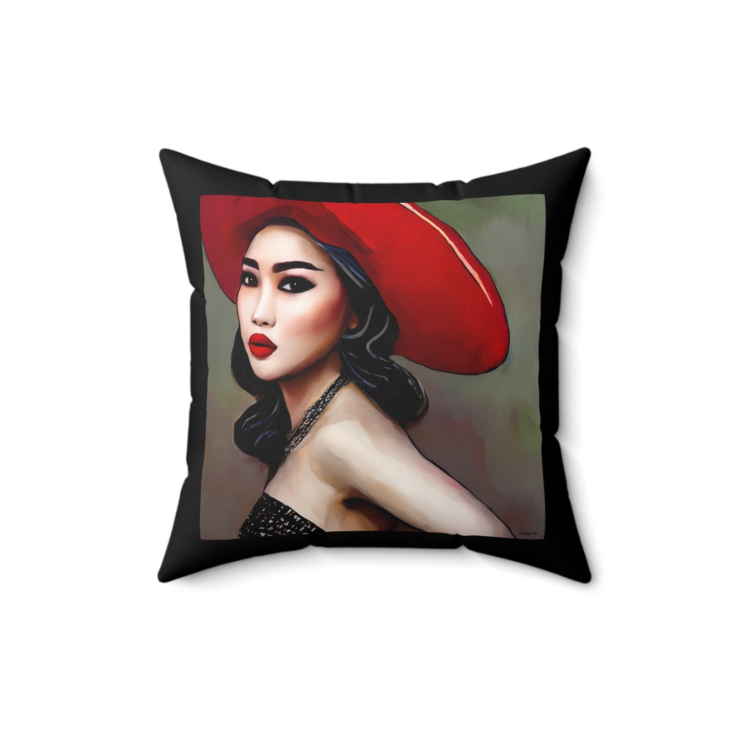 asian woman in red hat square pillow, decorative pillow, living room pillow, bedroom pillow, throw pillow, decorative pillows, accent pillow