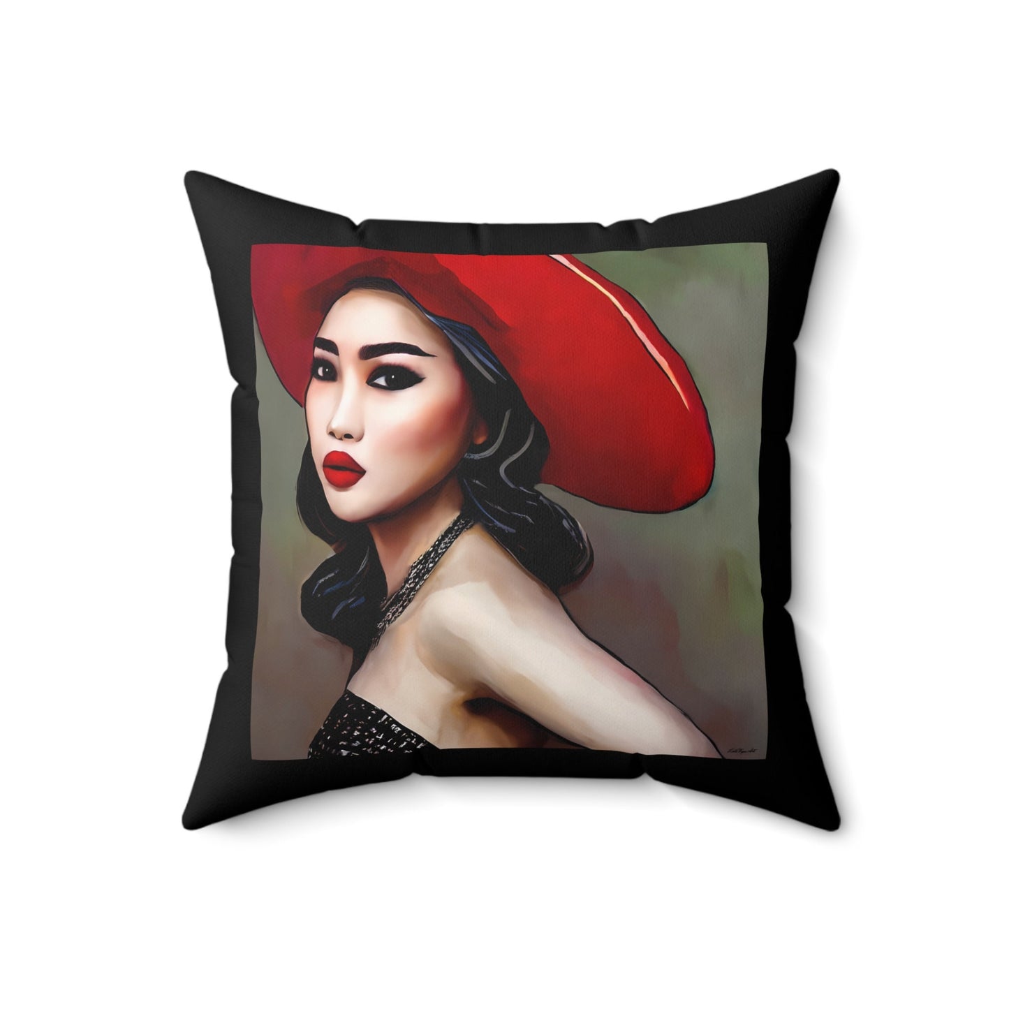 asian woman in red hat square pillow, decorative pillow, living room pillow, bedroom pillow, throw pillow, decorative pillows, accent pillow