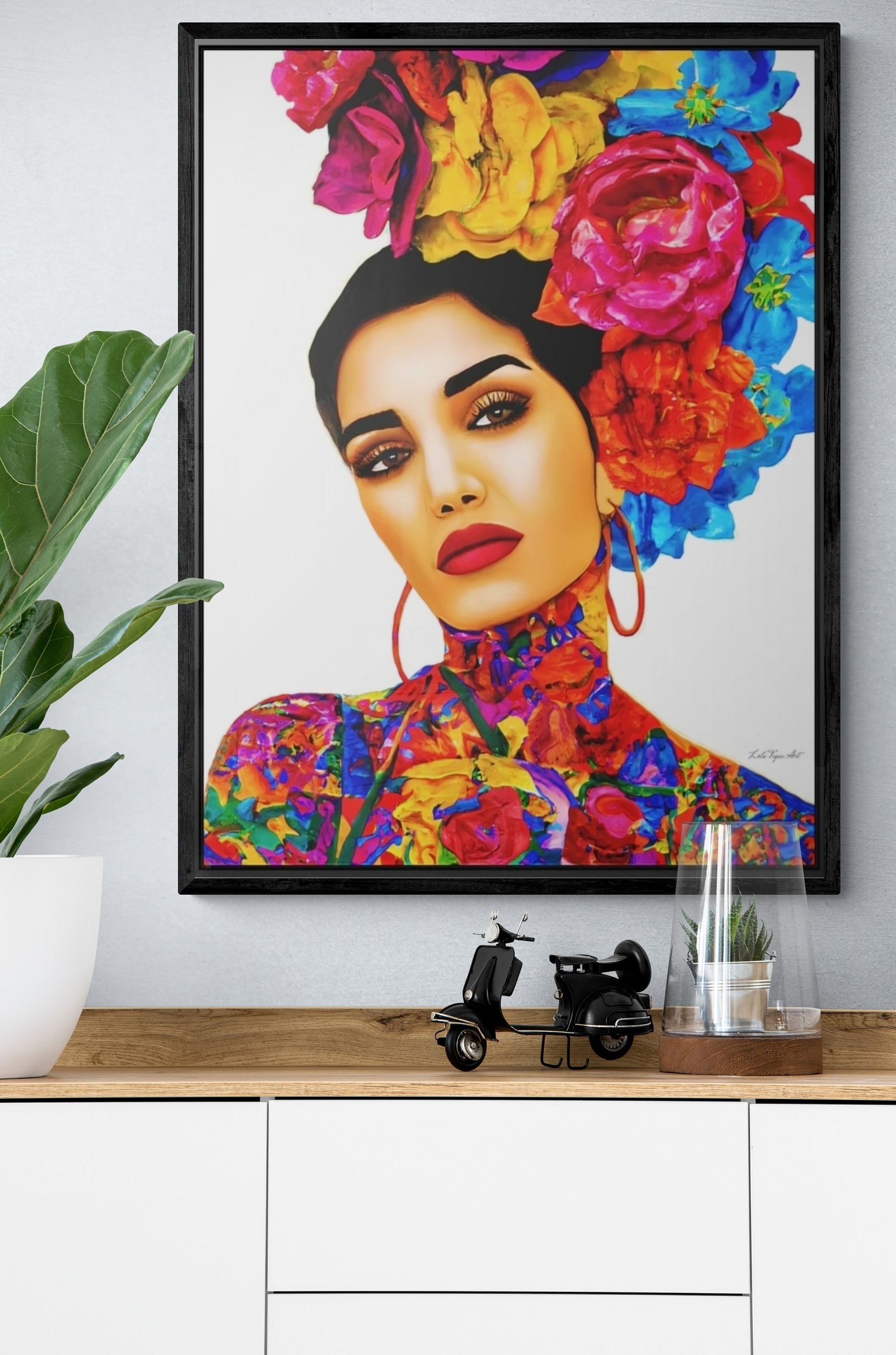 latina woman with flowers in her hair and tattoo's framed canvas wall art, boho wall art, women decor, eclectic, feminine, contemporary - LOLA VEGAS ART
